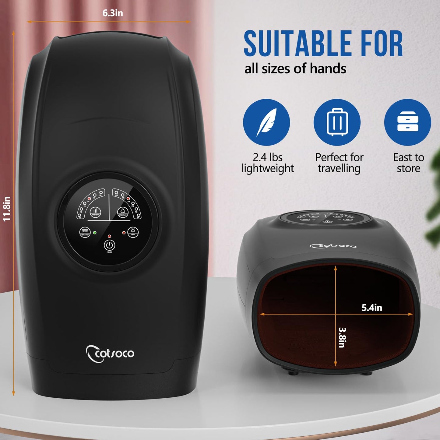 Masajeador de manos eléctrico - Masajeador de manos inalámbrico con calor para aliviar el dolor, 6 niveles de terapia de palma de la mano, masajeador de dedos y muñecas, regalo perfecto para mujeres, hombres, madres y padres, negro