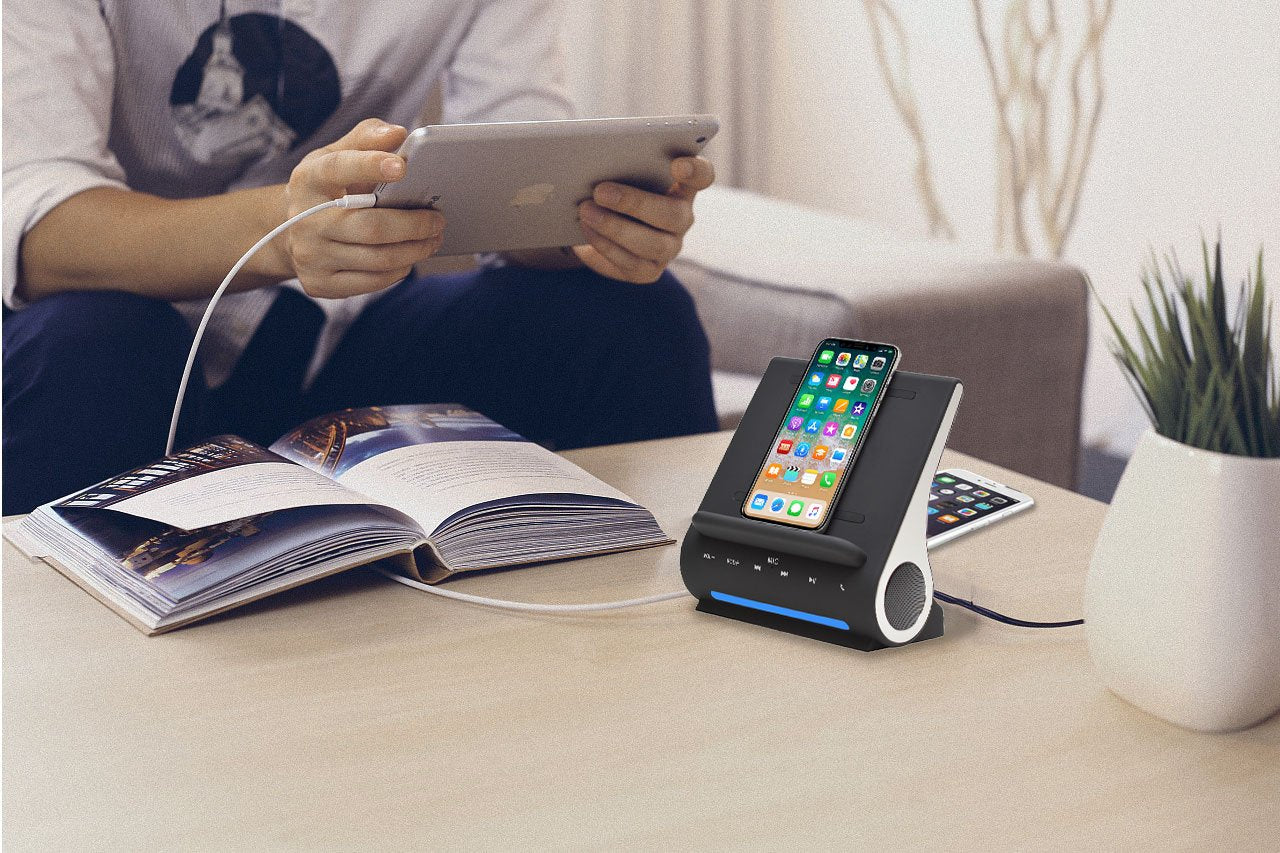 Azpen Dockall D100 - Qi Wireless Charger, Bluetooth Premium Speakers, Docking Station with Built in Mic Handsfree Call, 3 in 1 Station for iPhone and Samsung Phone