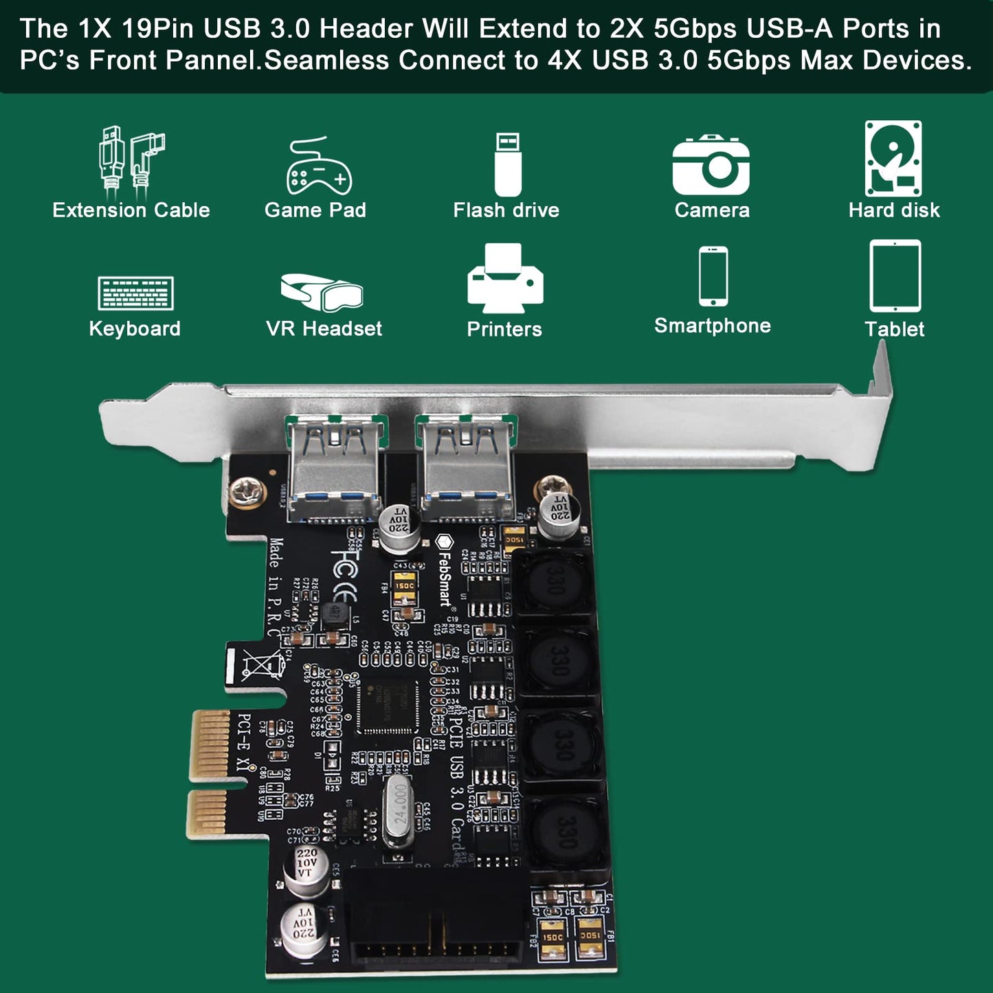 FebSmart 1 cabecera USB 3.0 de 19 pines y 2 puertos USB-A PCIE USB 3.0 tarjeta de expansión de 5 Gbps para PC de escritorio Windows y Linux, tecnología autoalimentada integrada, sin necesidad de fuente de alimentación adicional (FS-HA-Pro)