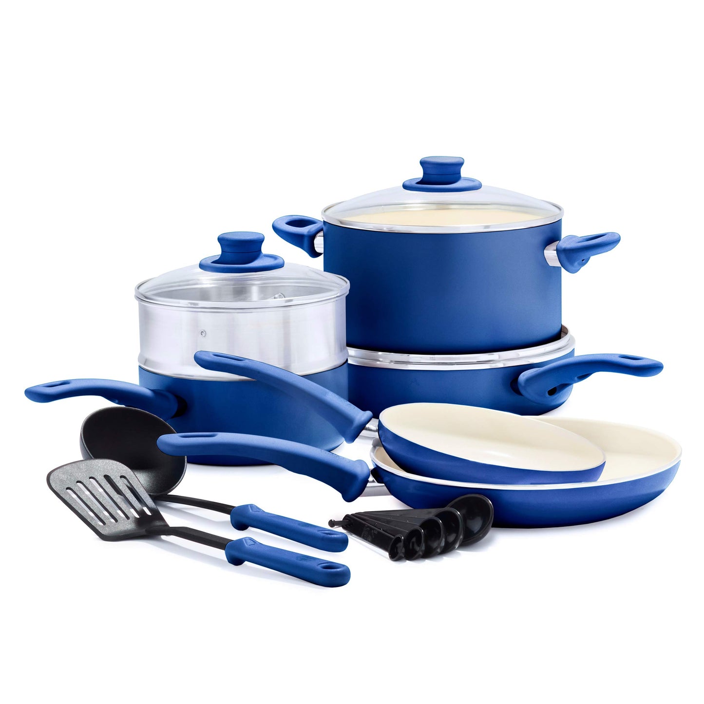 GreenLife Soft Grip Healthy Ceramic - Juego de ollas y sartenes antiadherentes de 12 piezas, sin PFAS, apto para lavaplatos, color azul