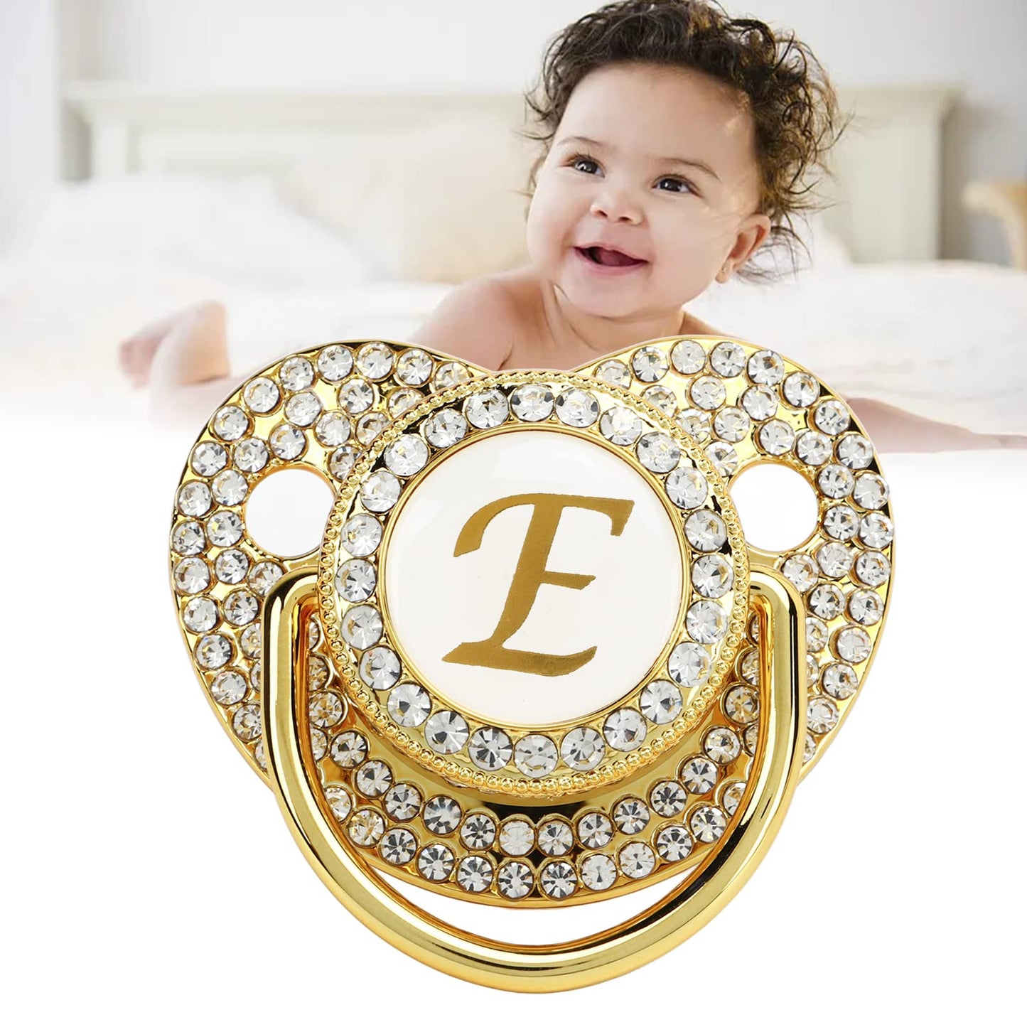 Juego Chupete Personalizado Silicona Dorado con Clip y Cubierta Antipolvo para Recién Nacido Letra E