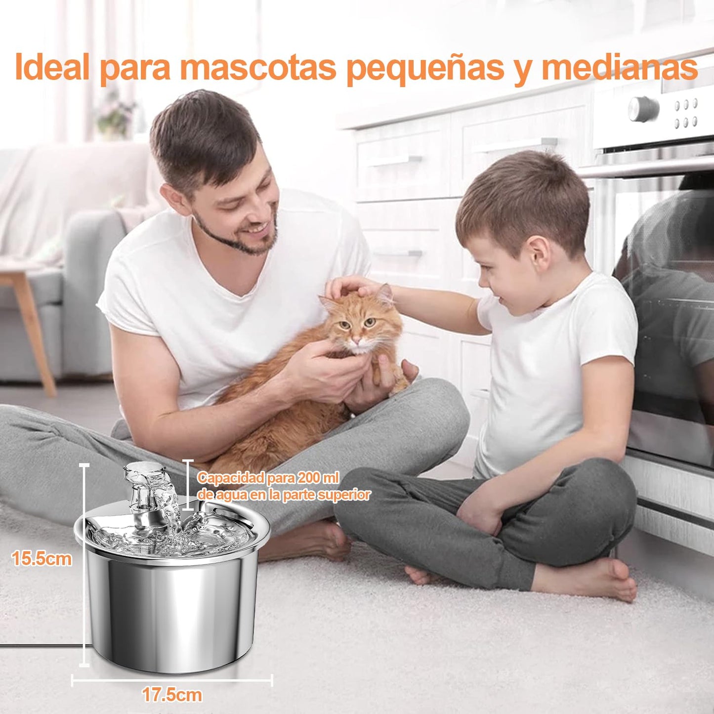GAMAXIMA Fuente de Agua para Gato, 304 Acero Inoxidable Bebedero para Gato Perro, 68oz/2 L Fuente para Gato, Bebedero con Doble Grifo y Bomba Silenciosa para Gatos, Perros y Varias Mascotas