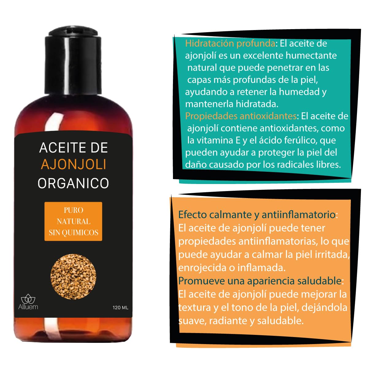 Aceite de Ajonjolí Alluem Orgánico Puro para Masajes