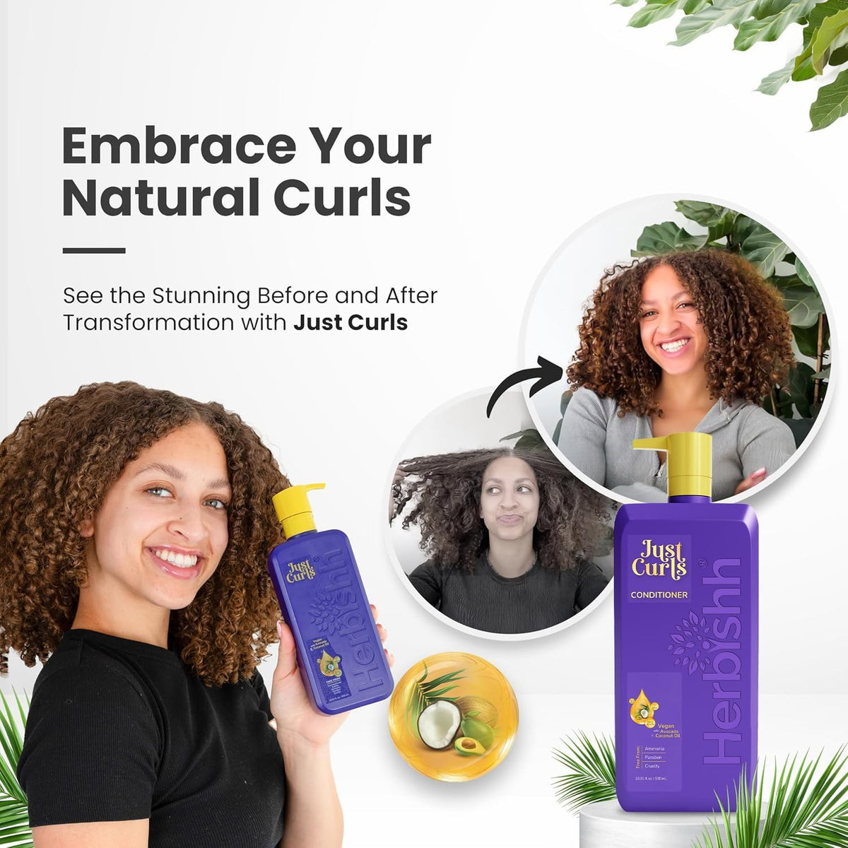Acondicionador Just Curls con aceite de aguacate Acondicionador nutritivo para cabello rizado Fórmula que realza los rizos Repara el cabello dañado y controla el frizz Vegano y sin parabenos (16,91 fl.oz)
