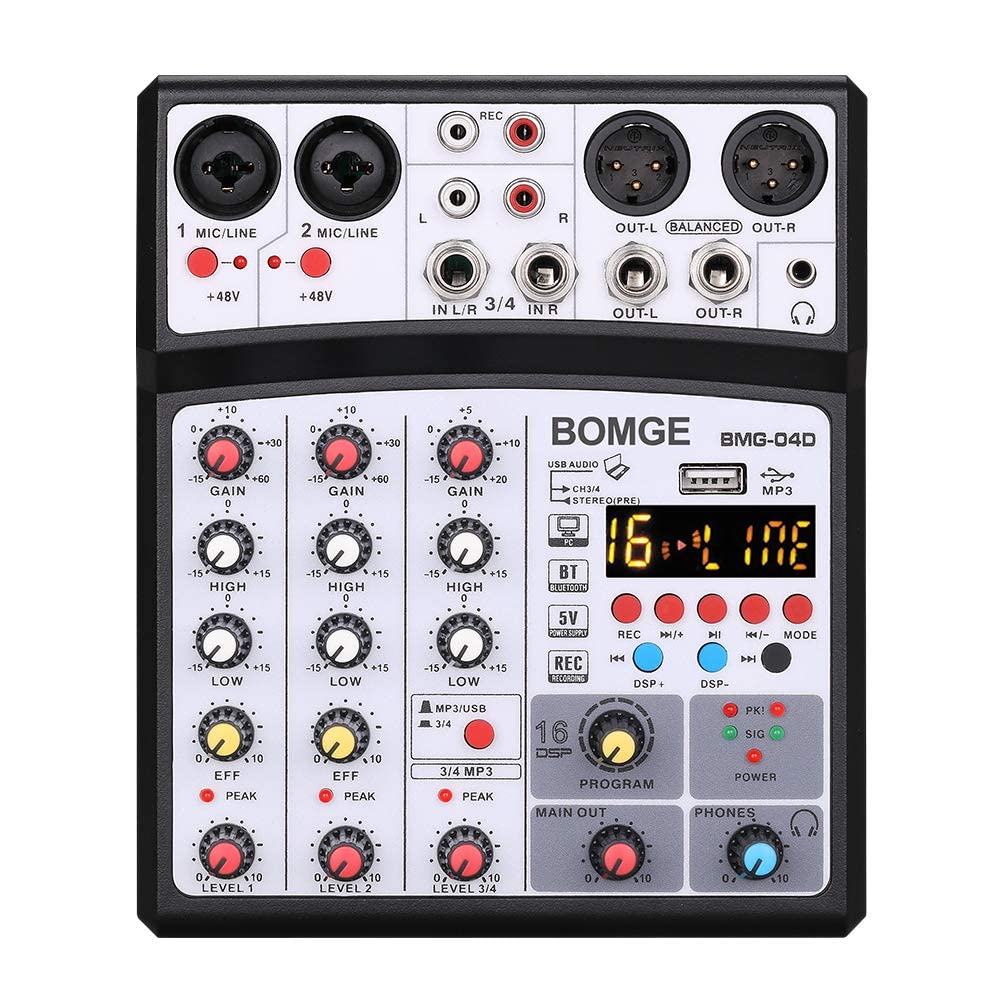 BOMGE 04D portátil Bluetooth 4 canales DJ mezclador de sonido de audio con interfaz USB, entrada de alimentación Phantom de 48 V, 16 efectos de eco para grabación, transmisión en vivo, canto (negro)