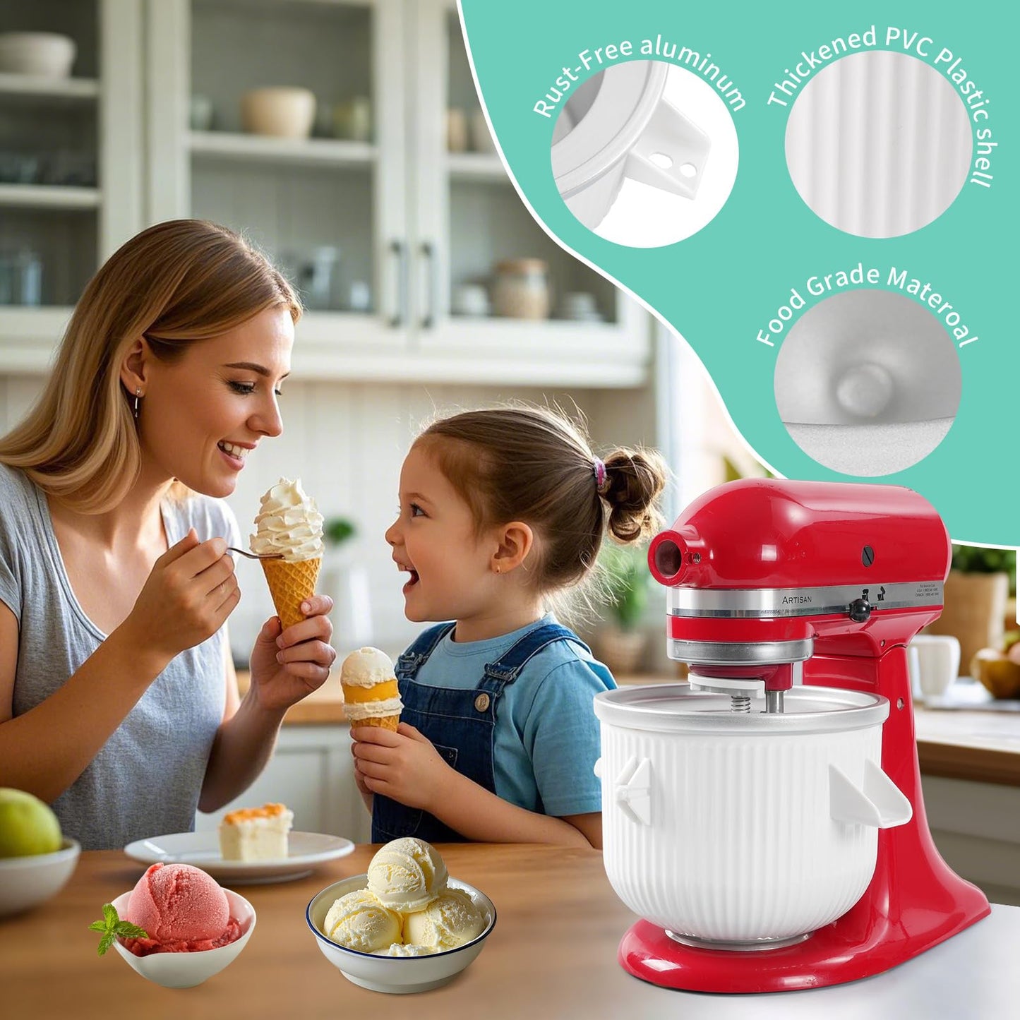 Accesorio de helado compatible con mezcladores KitchenAid de 4.5/5/6/7QT, hace 2 cuartos de helado, compatible con el accesorio de la máquina de helado KitchenAid, apto para lavaplatos (no apto para