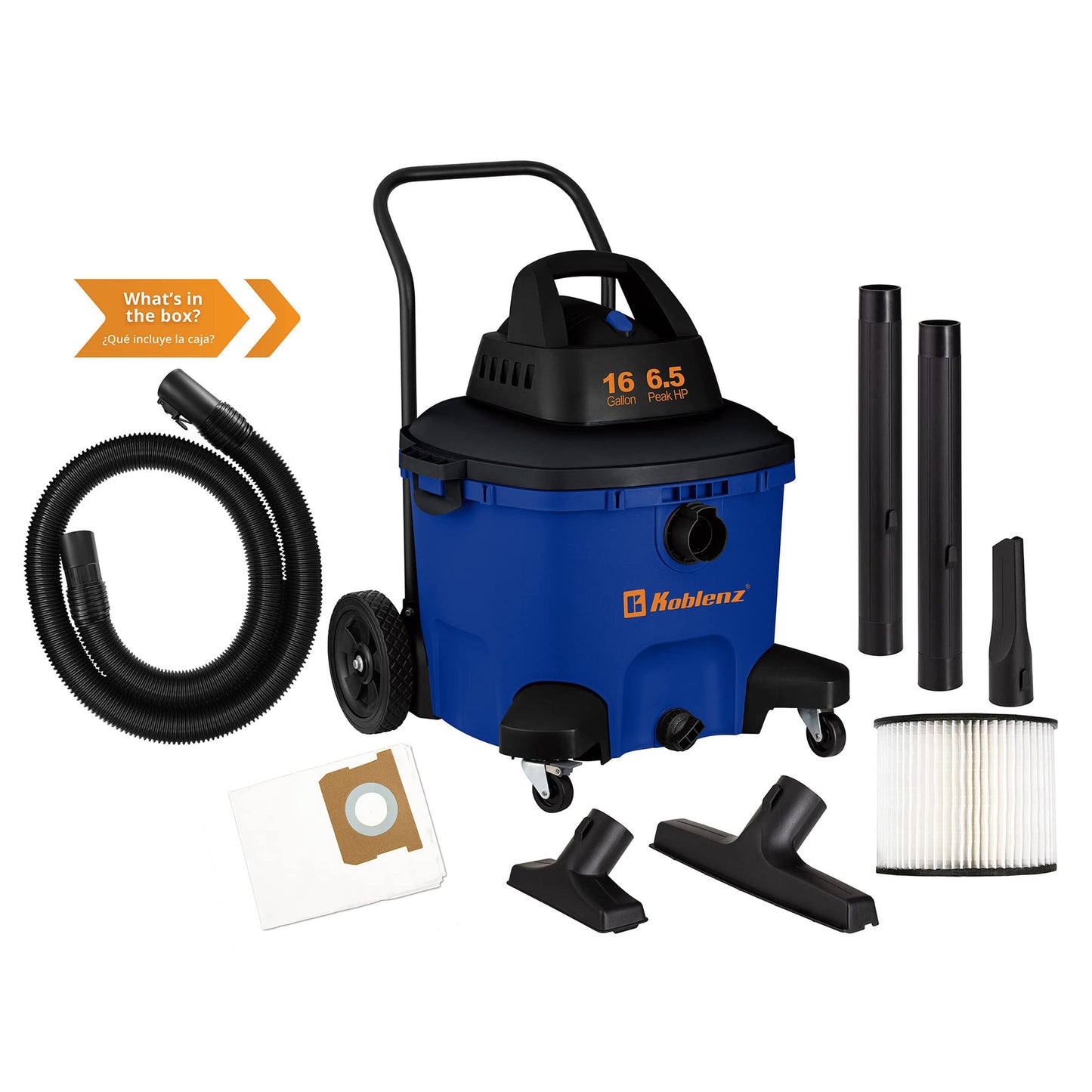 Koblenz WD-16L4H Aspiradora y soplador de 6.5 HP con Mango Trasero, Manguera de 2-1/2 Pulgadas x 8 pies, Tanque de 16 galones, Azul/Negro