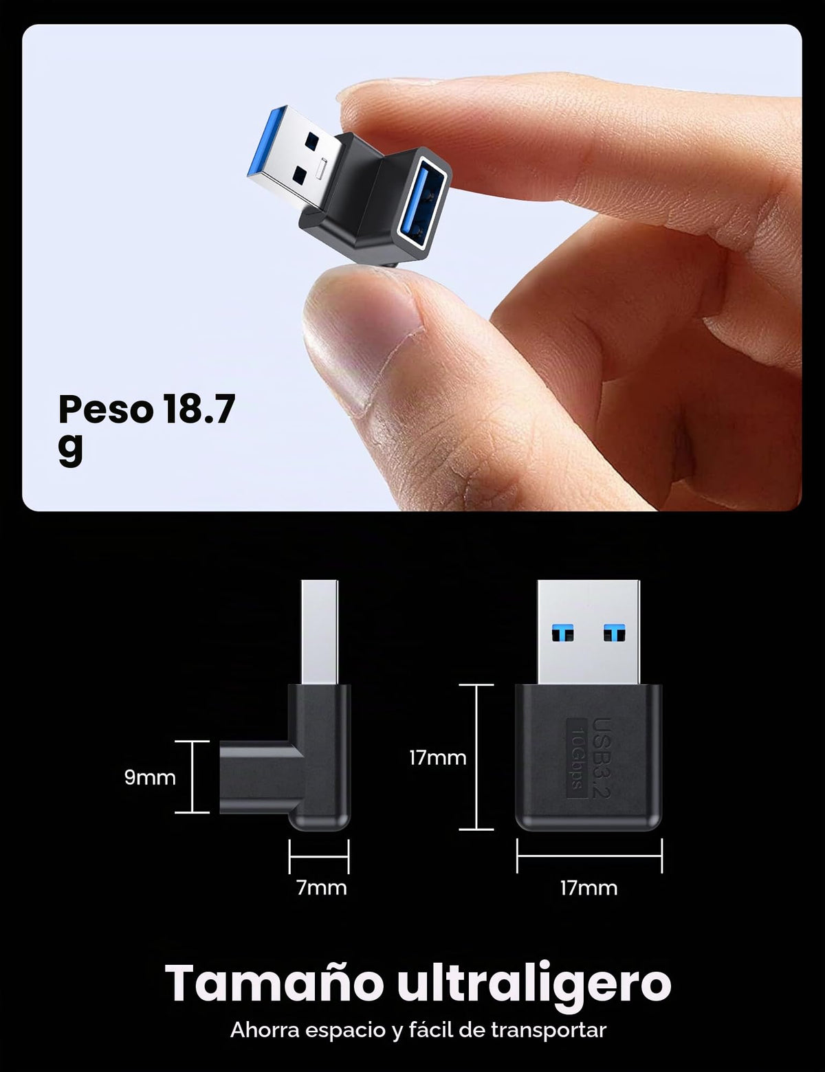 Adaptador USB 3.1 Mogood 90 Grados Ascendente y Descendente 10 Gbps