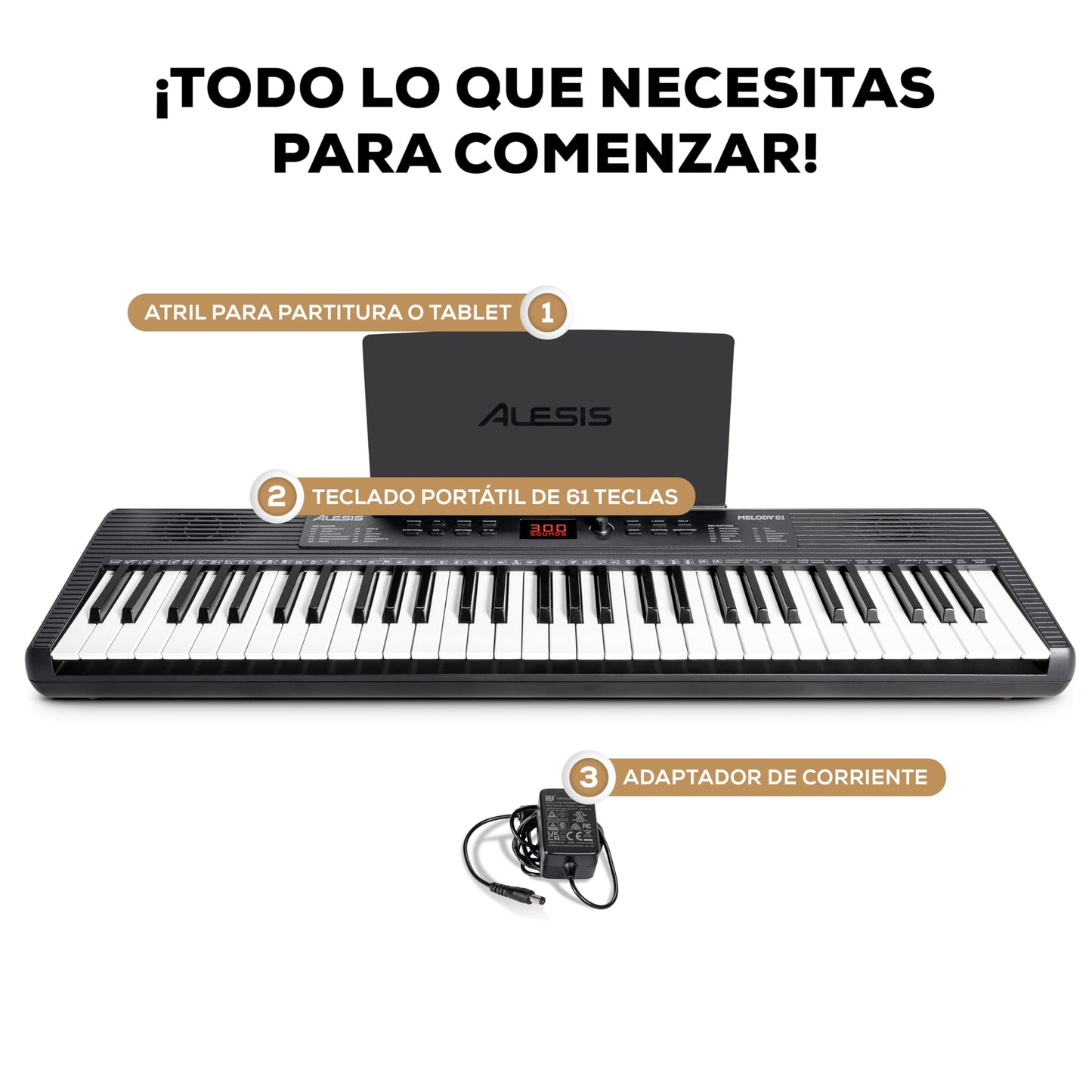 Alesis Melody 61 MK4 Teclado Piano Eléctrico para Principiantes con 61 Teclas, con Altavoces, Atril para Partituras o Tablet, 300 Sonidos y Lecciones de Música