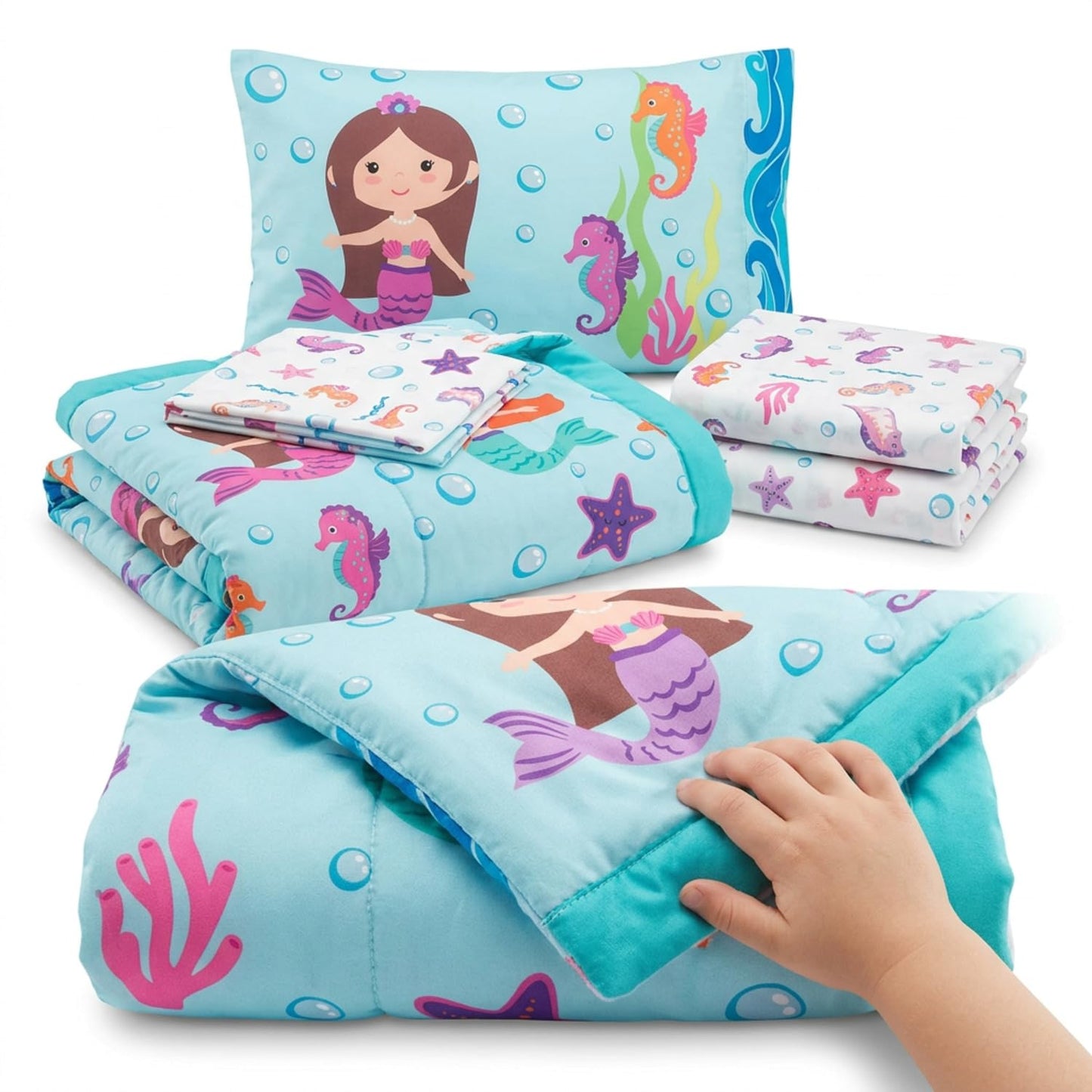 EVERYDAY KIDS Juego de ropa de cama de 4 piezas para niños pequeños -Aventura de Sirenas Submarinas- Incluye edredón, sábana encimera, sábana bajera y funda de almohada reversible