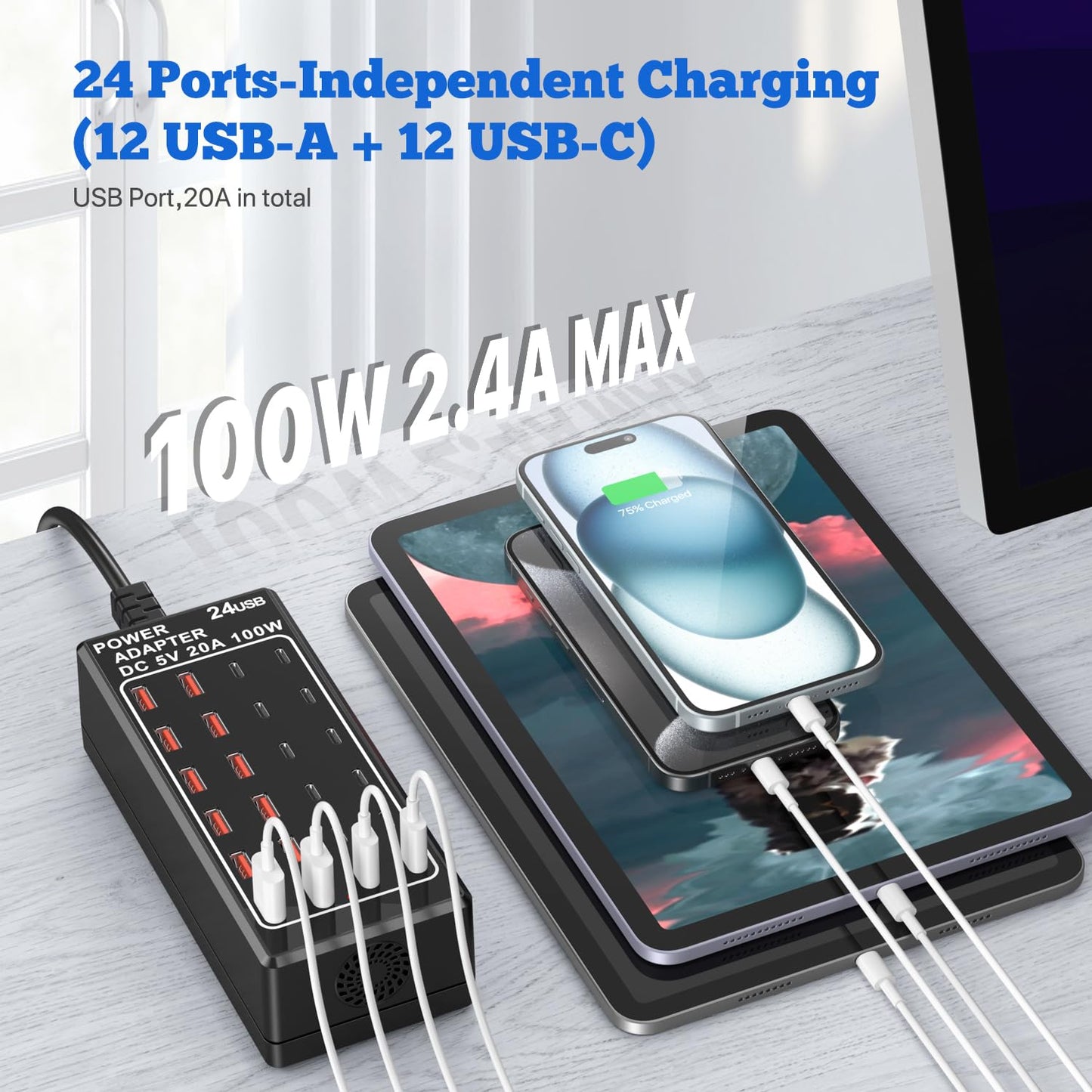 Cargador USB, bloque de cargador USB C, 100 W (20 A), 24 puertos, múltiples USB, cargador de pared, 12 USB A 12 USB C compatible con Apple iPhone, iPad, Samsung Galaxy, portátil, Pixel, teléfonos