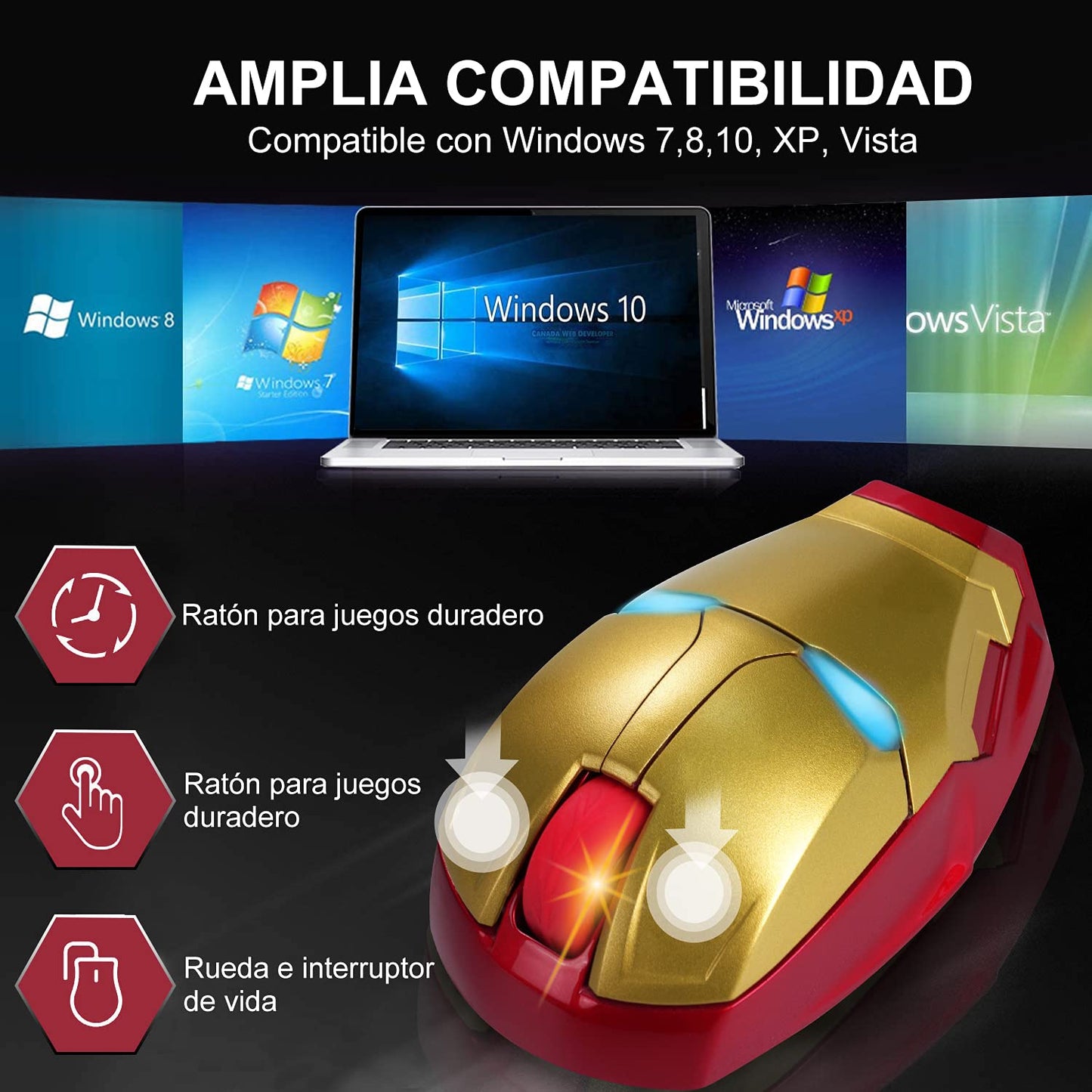 Iron Man Mouse inalámbrico para gamers,Mouse óptico inalámbrico y súper silencioso de 2.4 Ghz con luz LED ideal para agarre ergonómico,con Receptor USB y 3(600/1200/1600)Ajustable DPI Ratón,(dorado)