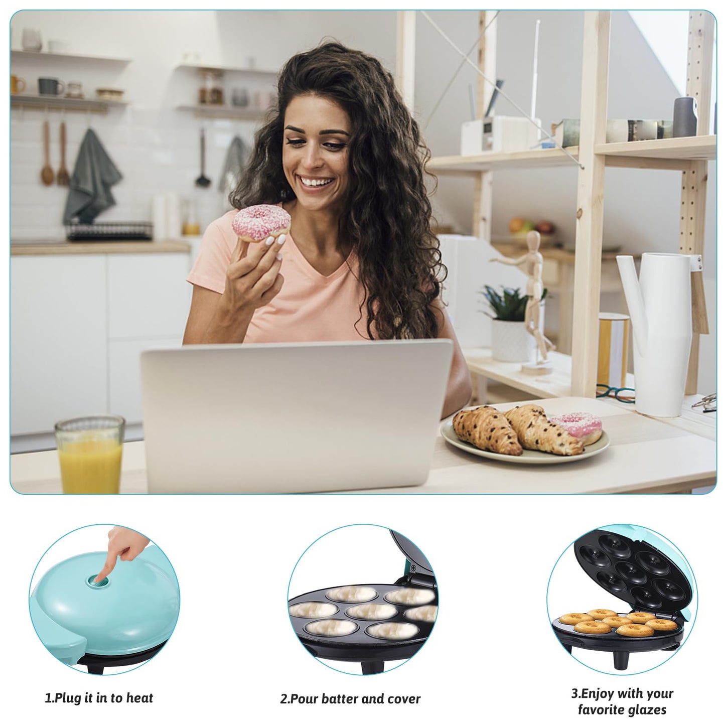 KONDIAN Dash Mini Donut Maker Machine Hace 7 Donuts 700W Calefacción de Doble Cara Recubrimiento Antiadherente Máquina Eléctrica para Hacer Donuts para Desayuno para Niños Postre Merienda Perfecto