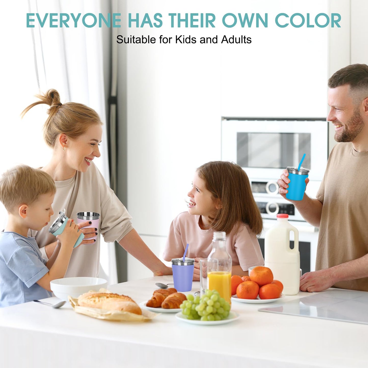 Tazas Rommeka para niños con pajitas y tapas, tazas sippy de 12oz con fundas de silicona de 6 colores a prueba de derrames, tazas de acero inoxidable para niños, bebés y adultos