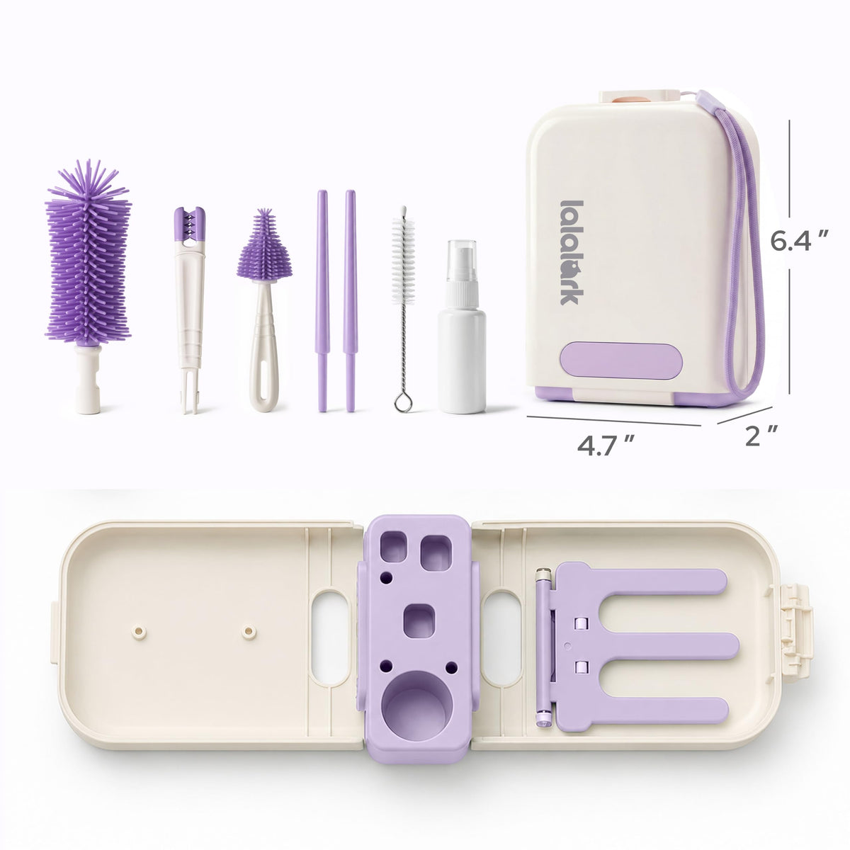 lalark Juego de cepillos para biberones 7 en 1, kit de limpieza de biberones de silicona sin BPA, cepillo de doble cabeza, cepillos para pezones, dispensador de jabón y estante de secado, limpiador