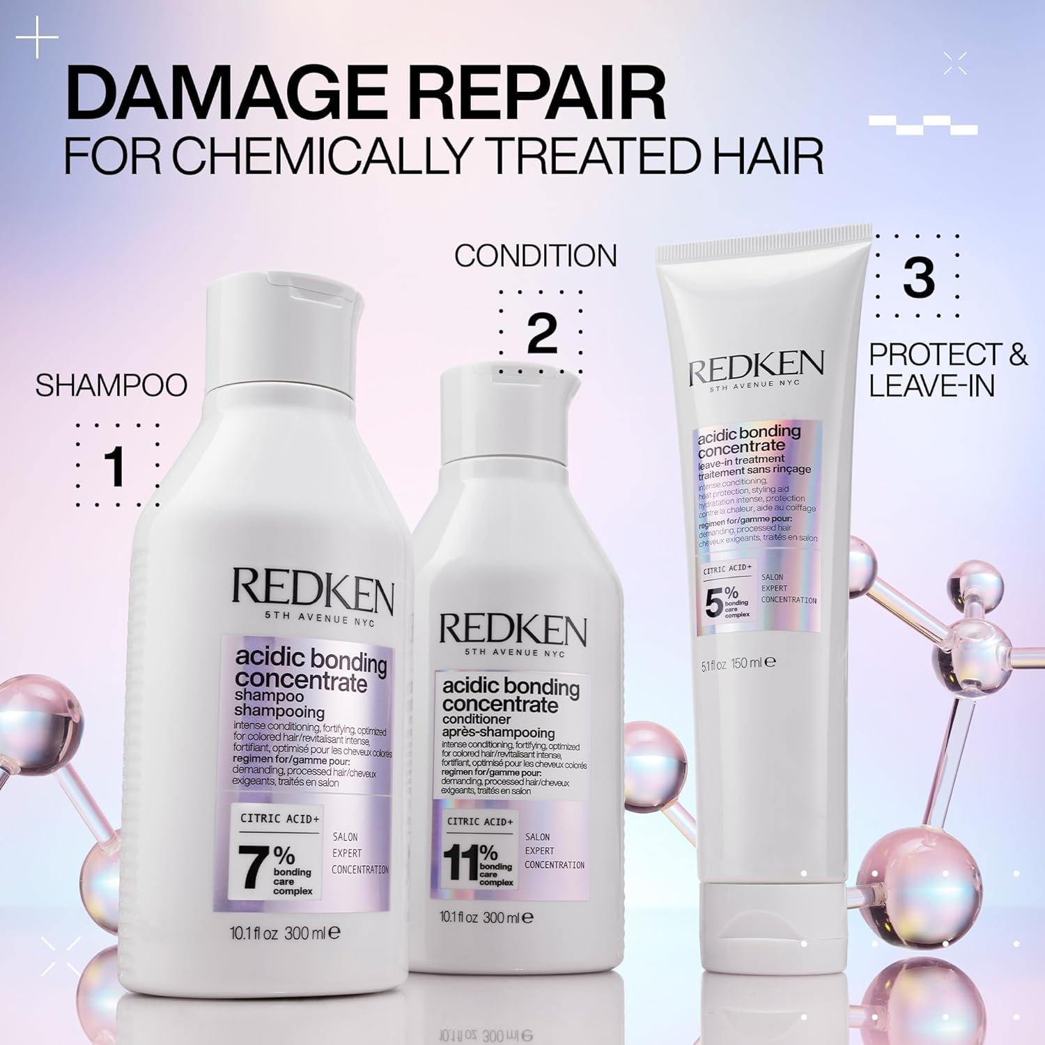 REDKEN- Tratamiento sin enjuague Acidic Bonding Concentrate |Tratamiento reparador para cabello dañado con protección térmica | Proporciona máxima reparación y acondicionamiento intenso | Bonding Complex y ácido cítrico | 150ml