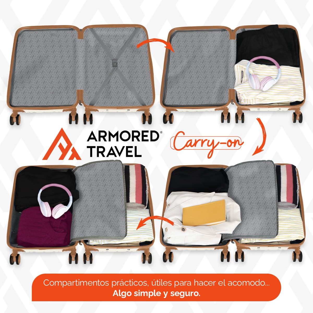 Maleta De Viaje Carry On 20" de Mano Cabina 10kg Rígida Doble Refuerzo Con * TSA Lock * Luggage suitcase Armored Travel (Beige - Palace)