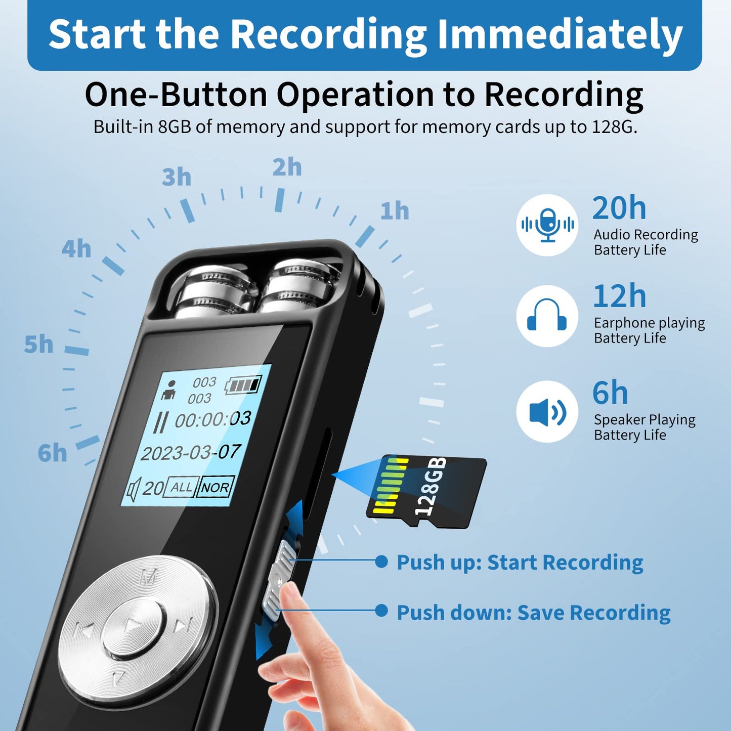 Grabadora de Voz, Grabadora Recargable Portátil con Memoria Interna de 8GB, Reproductor de MP3 con Función Altavoz, Grabadora de Voz Digital Inteligente para Reuniones, Entrevistas, Admite hasta 128GB
