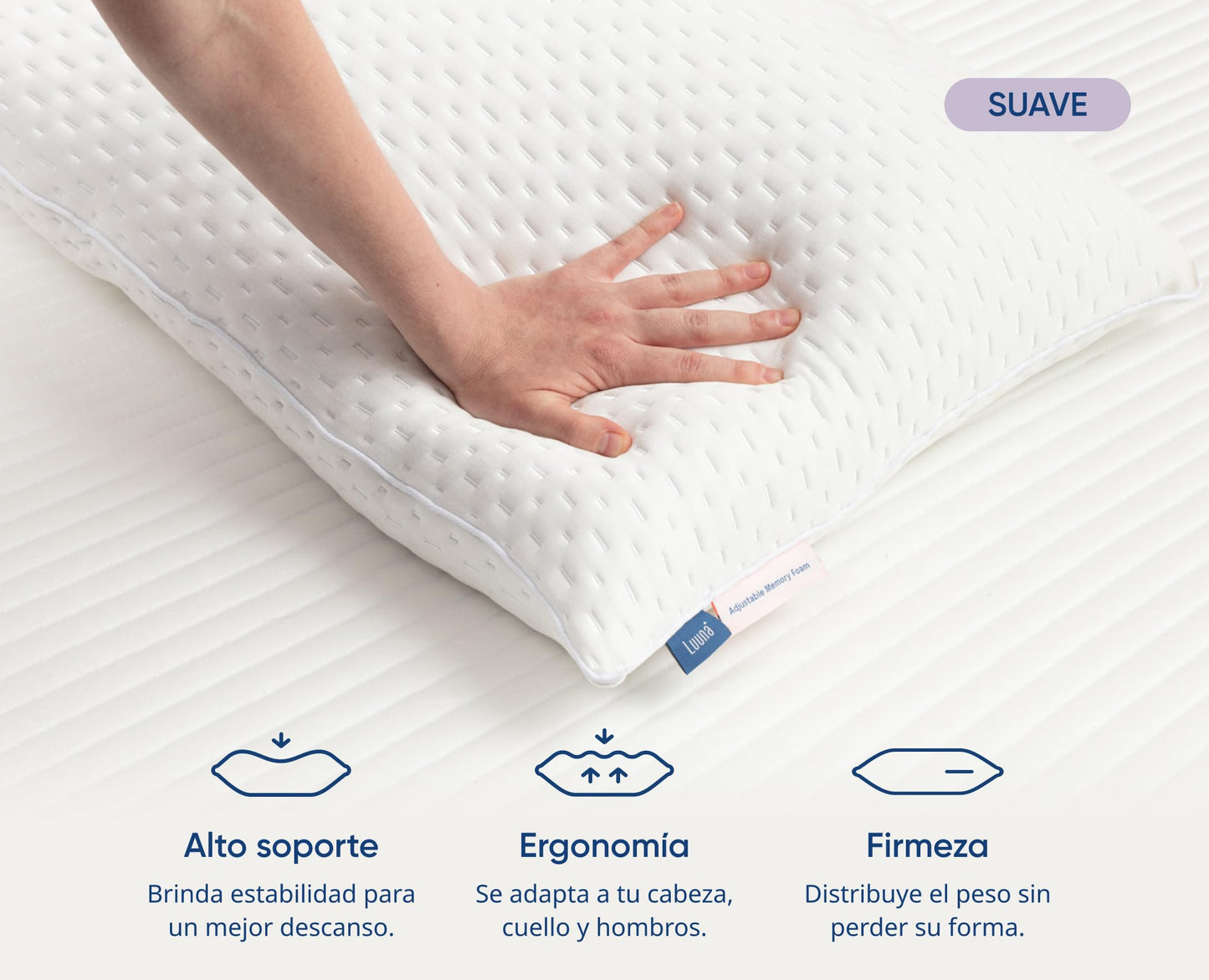 Luuna Almohada Ajustable Suave con Espuma de Memoria, Estándar 64 x 46 cm, Relleno 100% Memory Foam Triturado, Funda Lavable, Suavidad y Frescura Garantizada para tu Descanso, Hecho en México