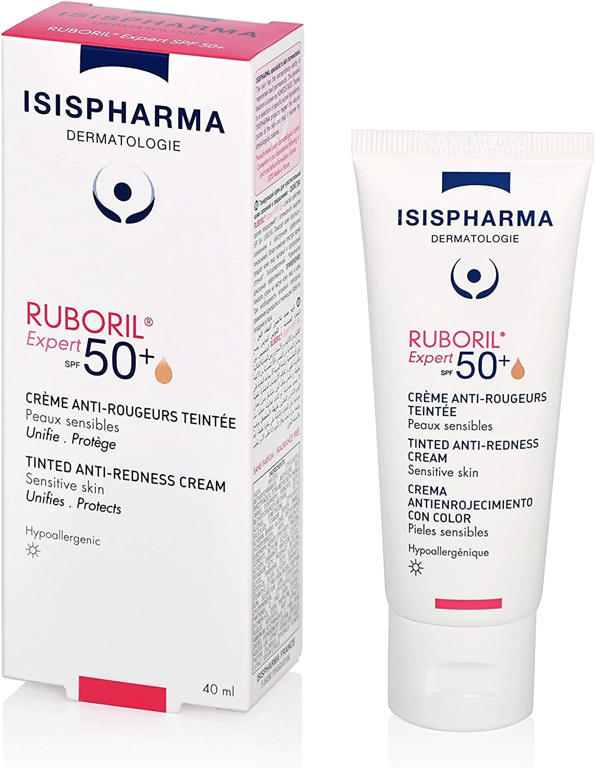 Isispharma Ruboril Expert SPF 50+ 40 ml Muy alta protección solar para pieles sensibles y/o con Rosacea, efecto mate, efecto calmante