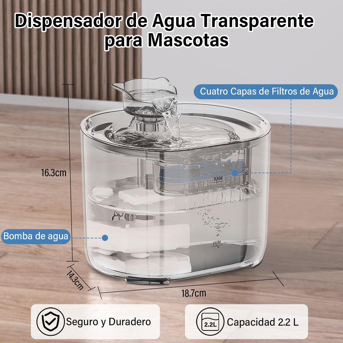 GALASALA Fuente de Agua para Gato, 2.2 L Bebedero para Gato Transparente con Filtro de Agua de Cuatro Capas, Fuente para Gato con Bomba de Agua Silenciosa Ajustable para Gatos, Perros y Mascotas