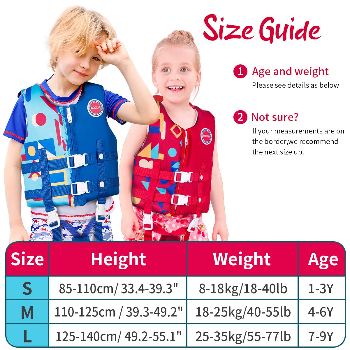 Boglia - Chaleco de natación para niños y niñas, traje de baño flotante con correa de seguridad ajustable para niños de 2 a 9 años/22 a 50 libras