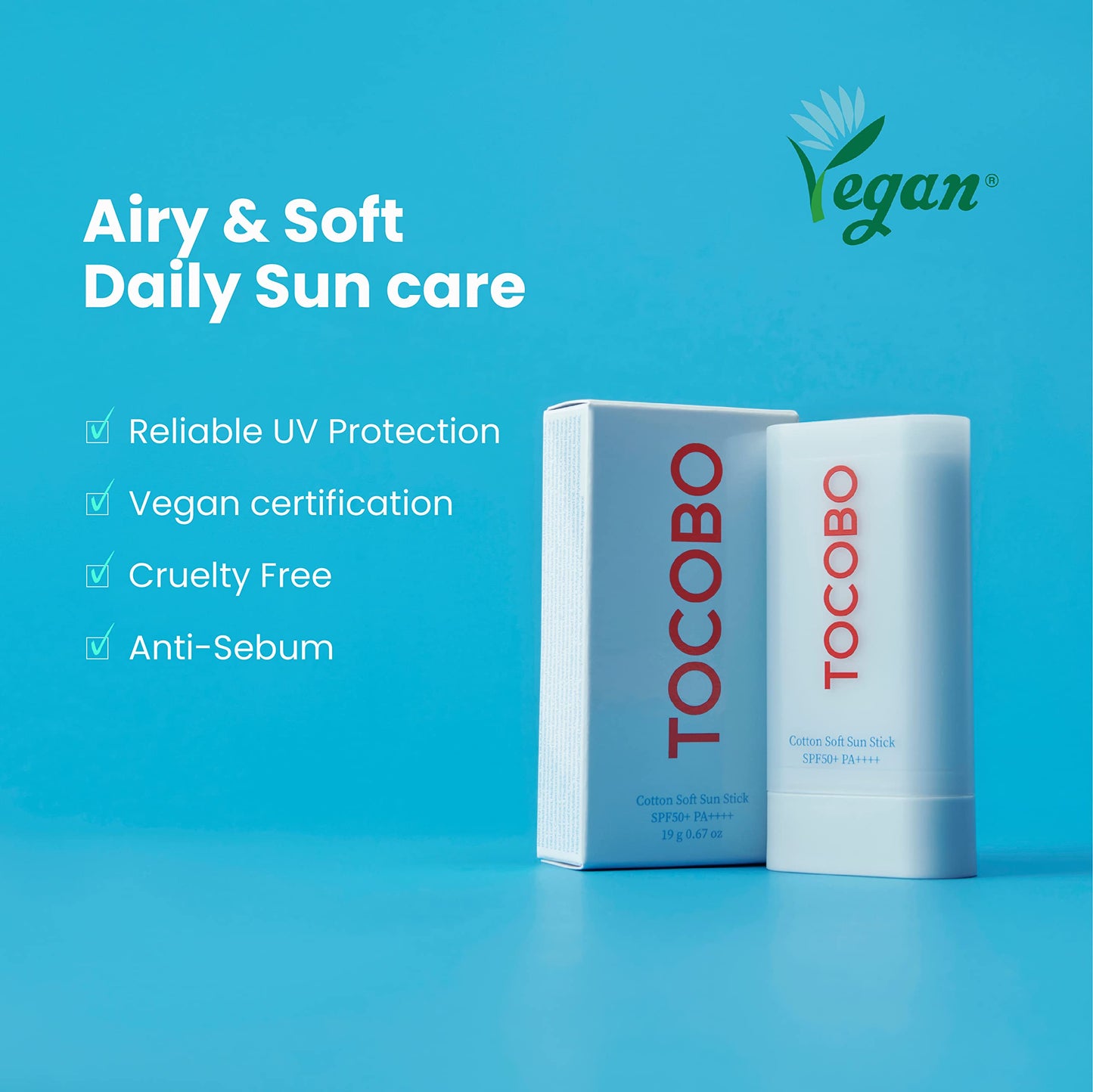 TOCOBO Barra Solar Suave de Algodón SPF50+ | Vegana y Mate 0.67 oz