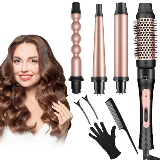 Rizador de Cabello 4 en 1 con Cepillo y Accesorios - Varillas de Cerámica Ajustables para Peinado Rápido y Fácil de Cabello Largo y Corto - Calentamiento Instantáneo - Herramientas Profesionales de Peinado