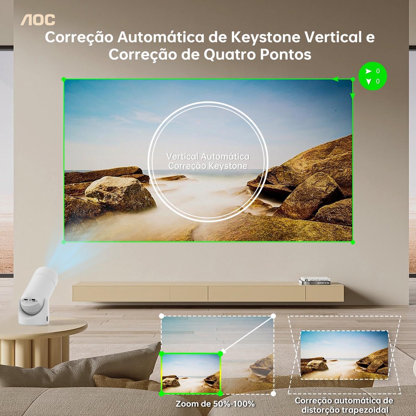AOC Projetor Portátil WiFi/Bluetooth, Projetor 4K Full HD, 180° Rotação, 8000 Lúmens, 220 ANSI, Correção Keystone, para/Notebook