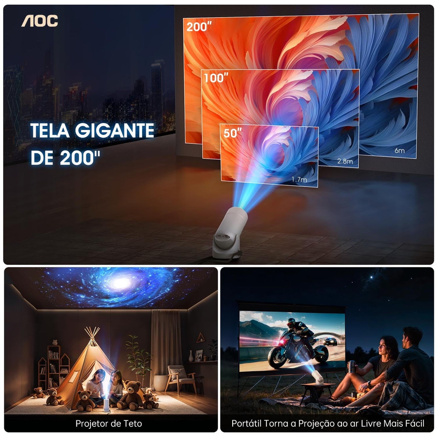 AOC Projetor Portátil WiFi/Bluetooth, Projetor 4K Full HD, 180° Rotação, 8000 Lúmens, 220 ANSI, Correção Keystone, para/Notebook