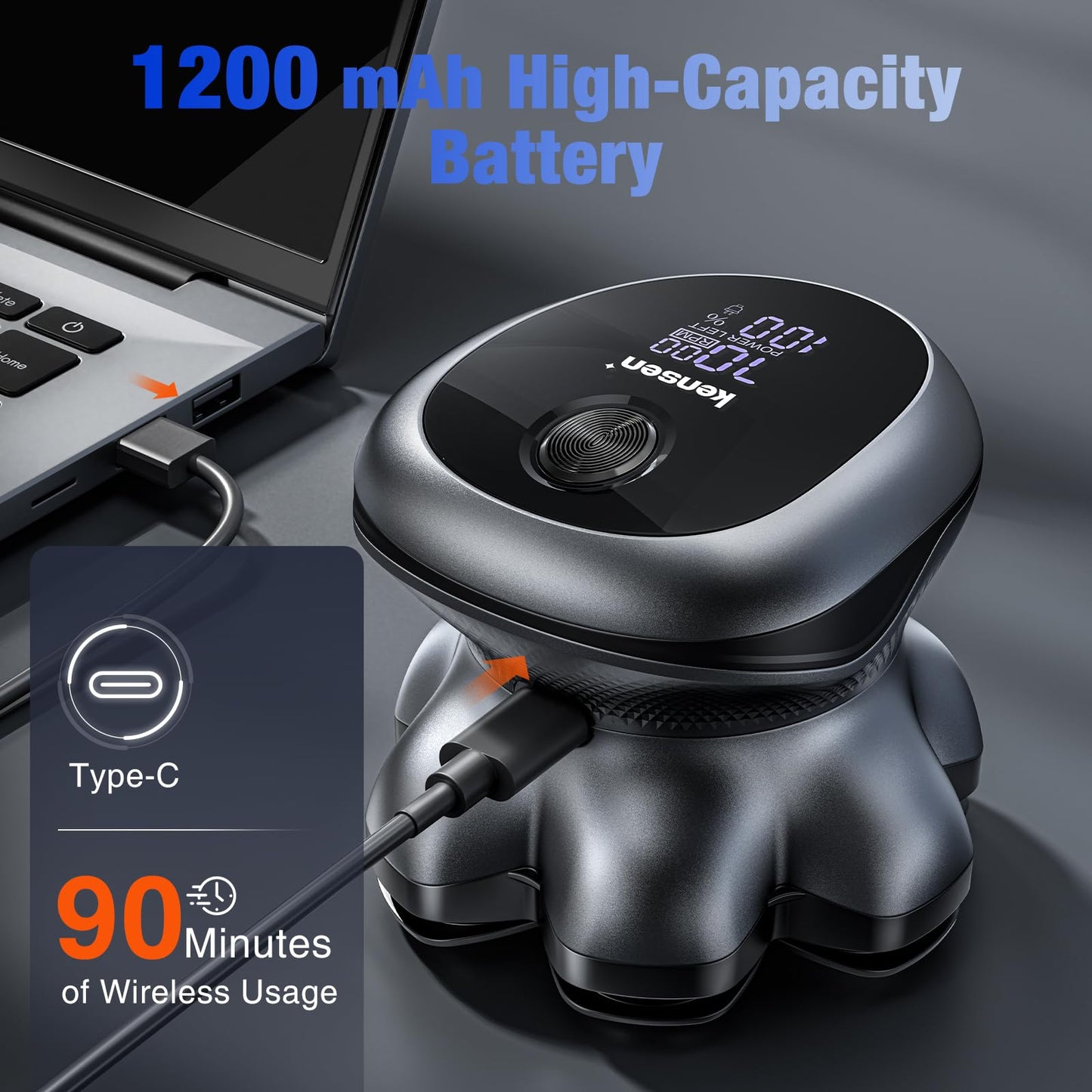 Kensen - Afeitadoras de cabeza 7D para hombres calvos, afeitadora eléctrica de doble velocidad, IPX6, impermeable, para uso húmedo/seco, pantalla LED de afeitado, sin cables, para hombre (gris)