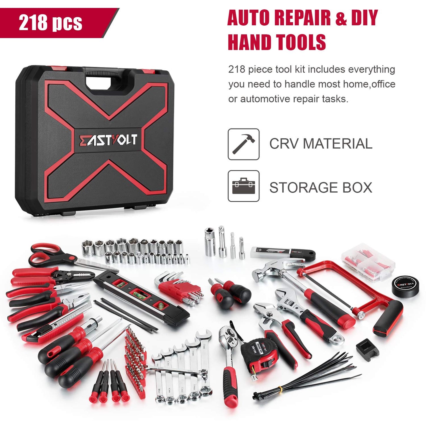 Eastvolt - Kit de herramientas para el hogar, juego de herramientas de reparación automática, kits de herramientas para propietario de casa, alicates, juego de destornilladores, kit de enchufes y caja