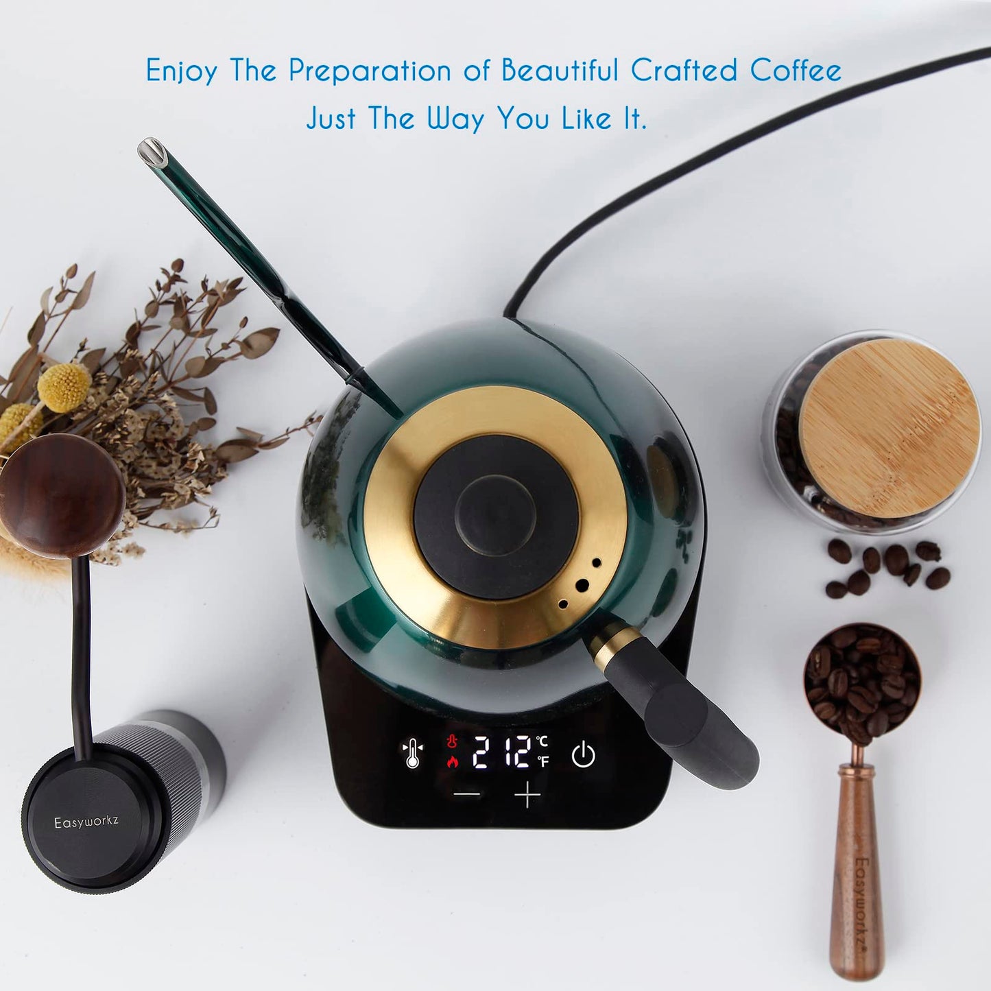 Easyworkz hervidor de café eléctrico de cuello de cisne, tetera de acero inoxidable con goteo manual, control de temperatura de 800 ml, calentamiento rápido de 1200 W