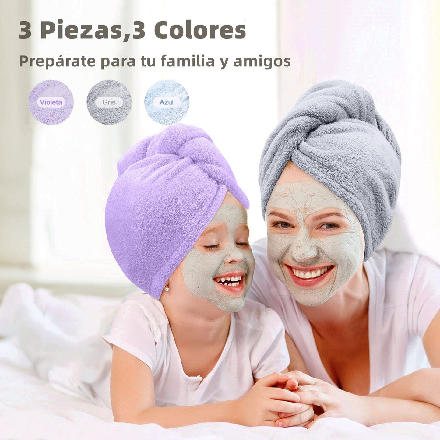 Toalla Microfibra para Cabello 3 Pack, Toalla de Cabello Seco con Botones, Gorro de Baño Ultra Absorbente de Agua, Secado de Pelo Súper Rápido, Turbante Suave Anti-Frizz para Mujer (Viole Gris Azul)