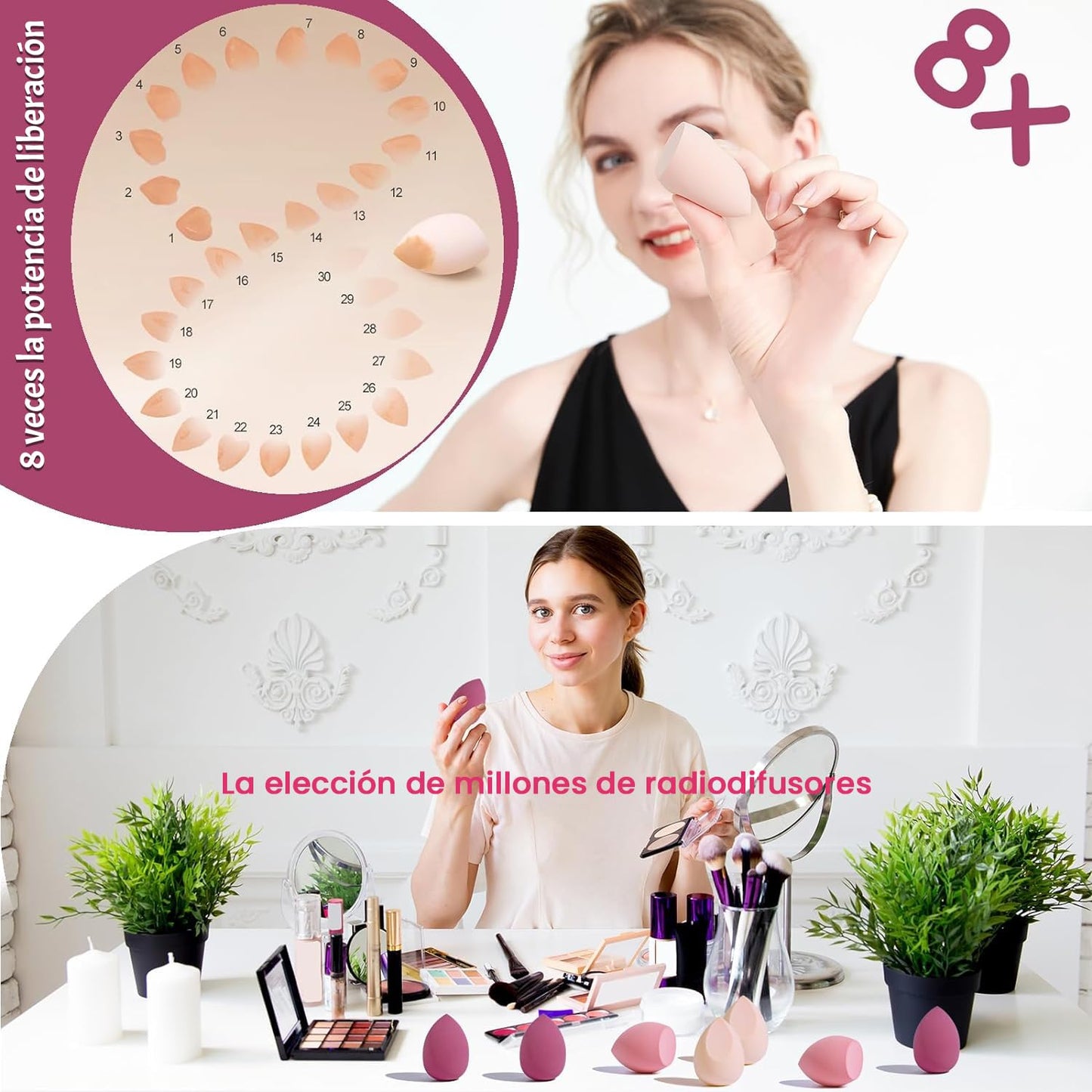 Esponja maquillaje beauty blender, set de 8 piezas, varias formas, uso húmedo y seco, ideal para maquillaje facial. Completa tu rutina con estas esponjas faciales de alta calidad en color rosa.