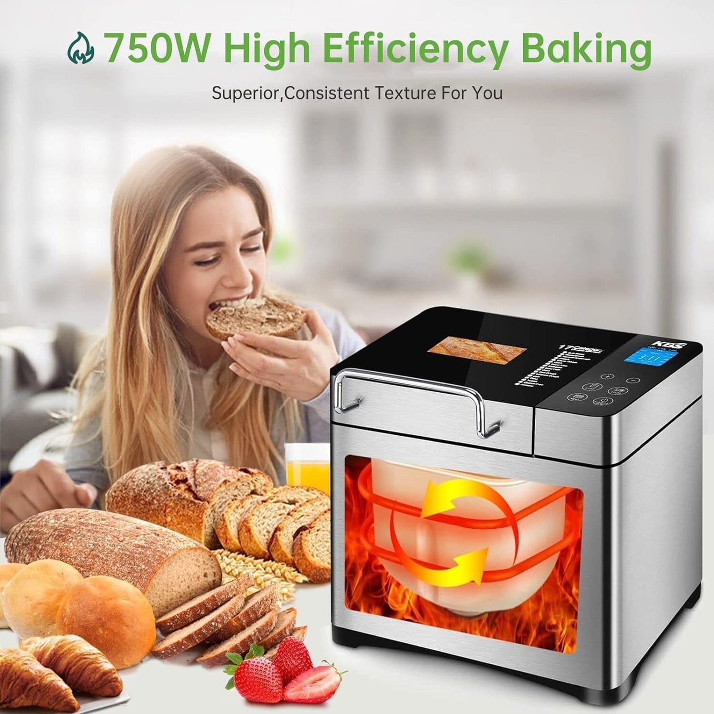 KBS Máquina de pan grande 17 en 1, máquina de pan de acero inoxidable de 2 libras con dispensador automático de frutos secos, sartén de cerámica antiadherente, panel táctil completo de vidrio templado, reserva y mantiene caliente, guante de horno y receta