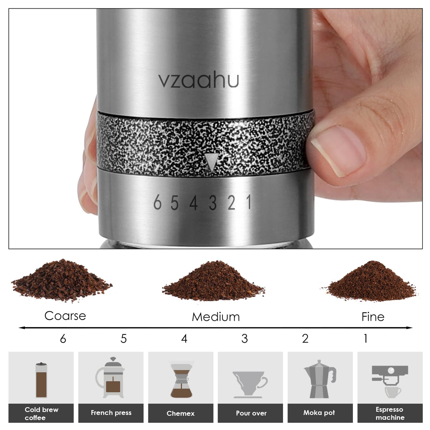 Molinillo de Café Vzaahu Acero Inoxidable Molienda Rápida Ajustable para Viaje