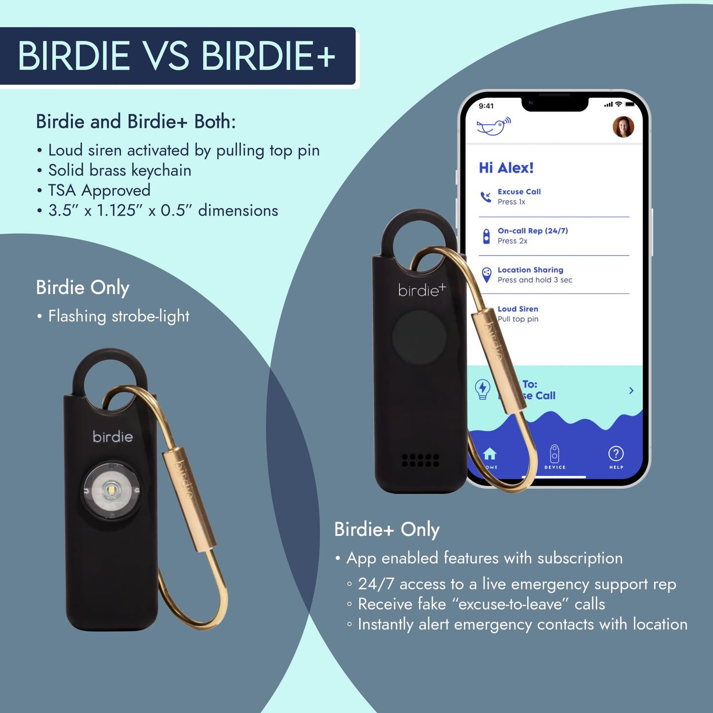 Alarma de Seguridad Personal Inteligente Birdie Azul con Sirena Fuerte y Bluetooth para Mujer