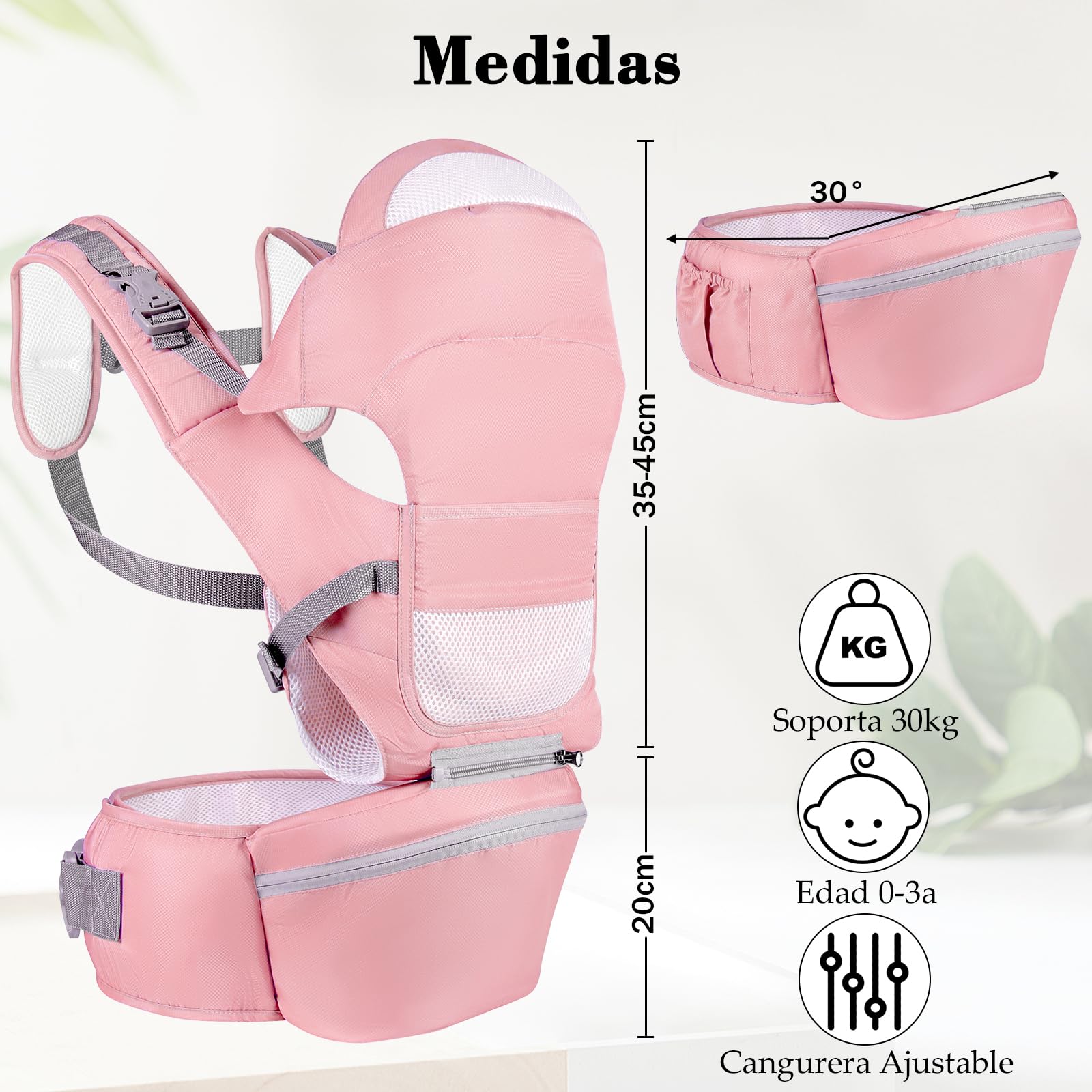 Portabebés Fular Cangurera Asiento de Cadera Ergonomico Ligero y Ajustable Rosa para Bebé de 0 a 36 Meses