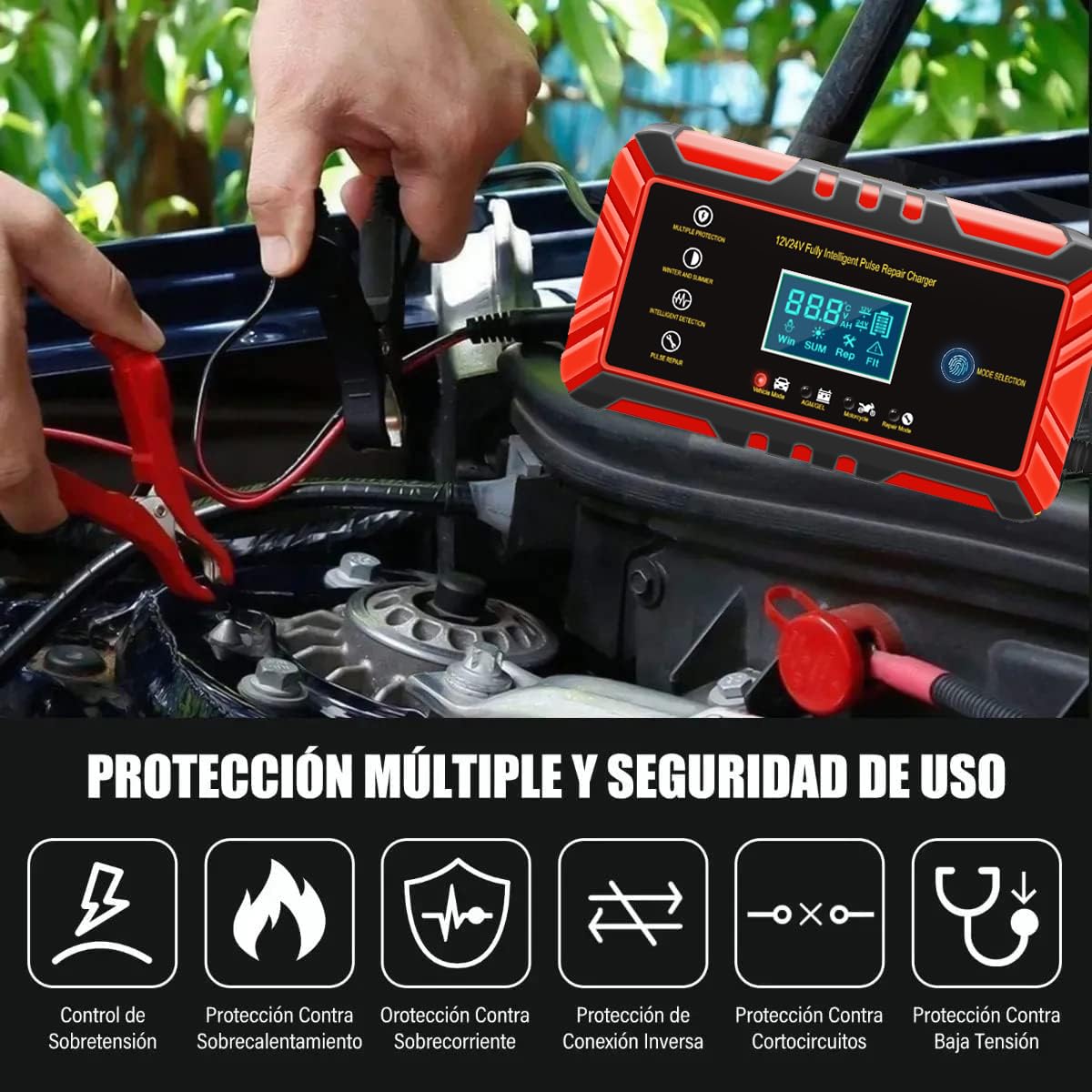 Cargador de Batería Coche,8A 12V/4A 24V Cargador de Batería de Moto,Automático Inteligente Cargador de Batería con Múltiples Protecciones para Automóviles Motocicletas SUV ATVs RVs Barco Excavador etc