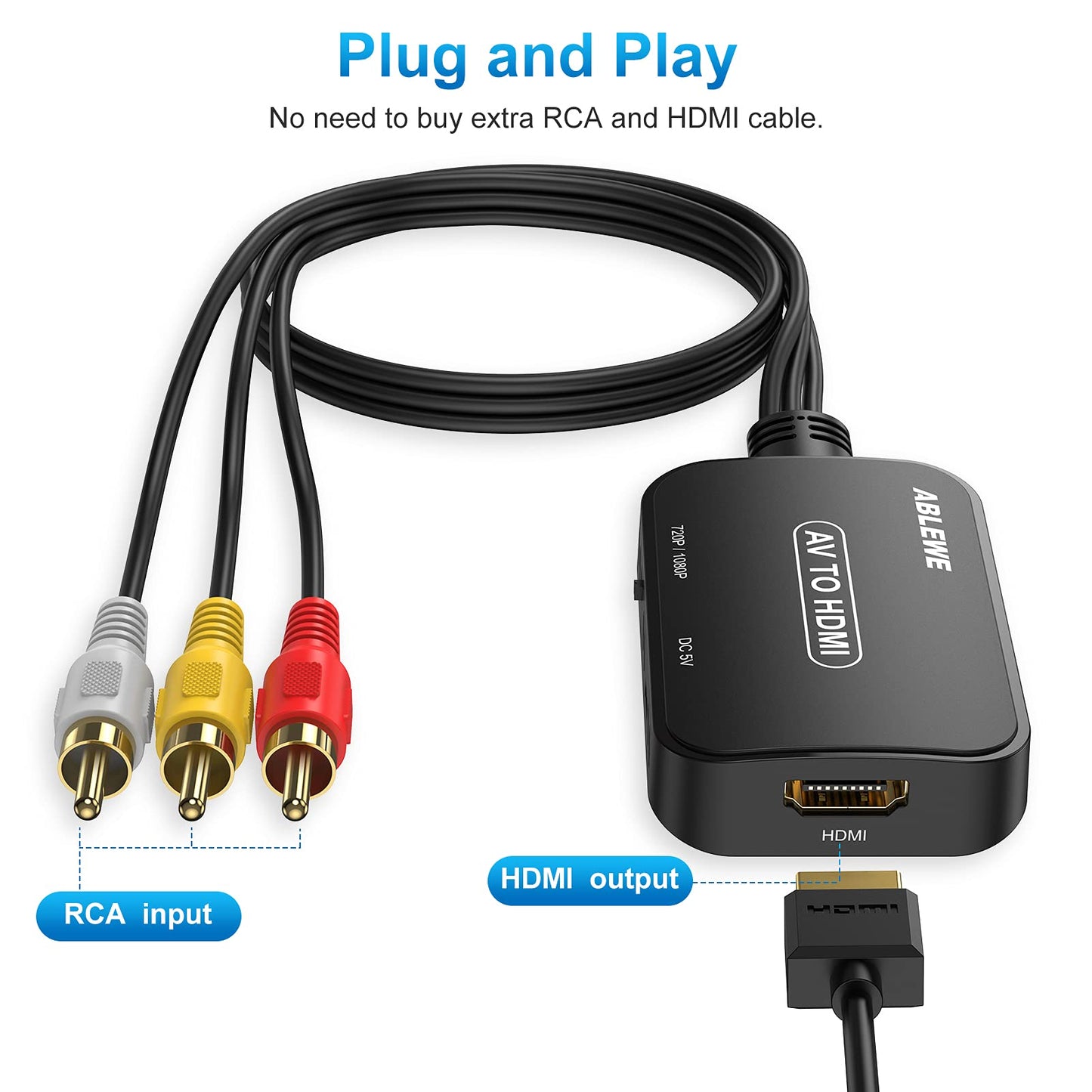 ABLEWE Convertidor RCA a HDMI, convertidor AV a HDMI con cable RCA y cable HDMI compatible con PAL/NTSC para reproductores de DVD Roku/VHS/VCR/Blue-Ray