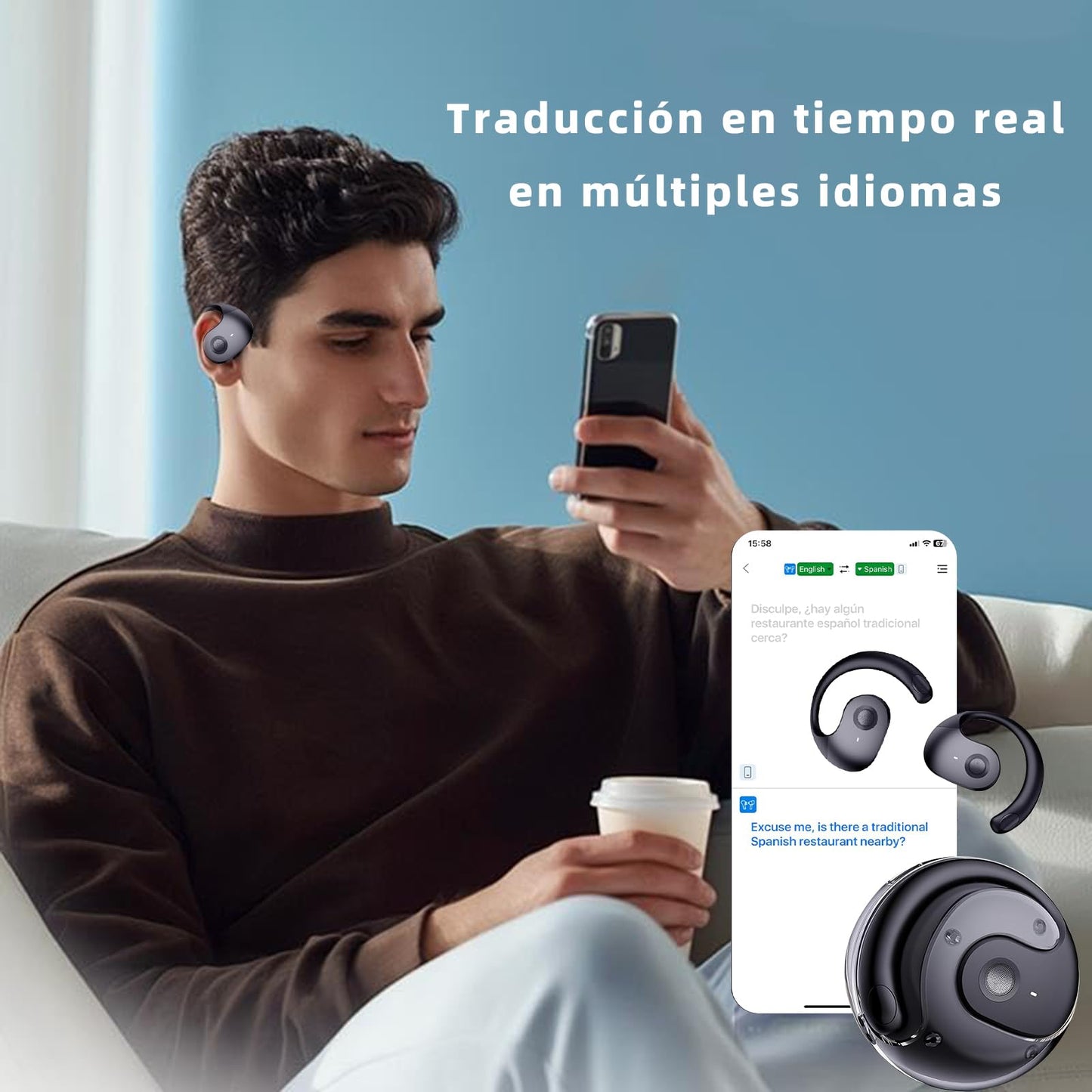 BTOOTB Traductor de Idiomas en Tiempo Real, Audifonos Traductores de Idiomas, Equipado con Aplicación AI, Compatible con 144 Idiomas, Dispositivo Traductor Portátil, Sonido Estéreo de Alta Fidelidad