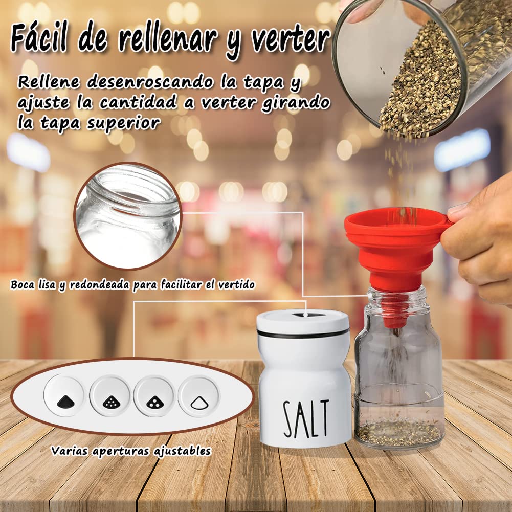 Juego de salero y pimentero de vidrio, botella de vidrio con tapa giratoria ajustable, con embudo y cepillo, accesorio de mesa para sal y pimienta (Cilíndrico)