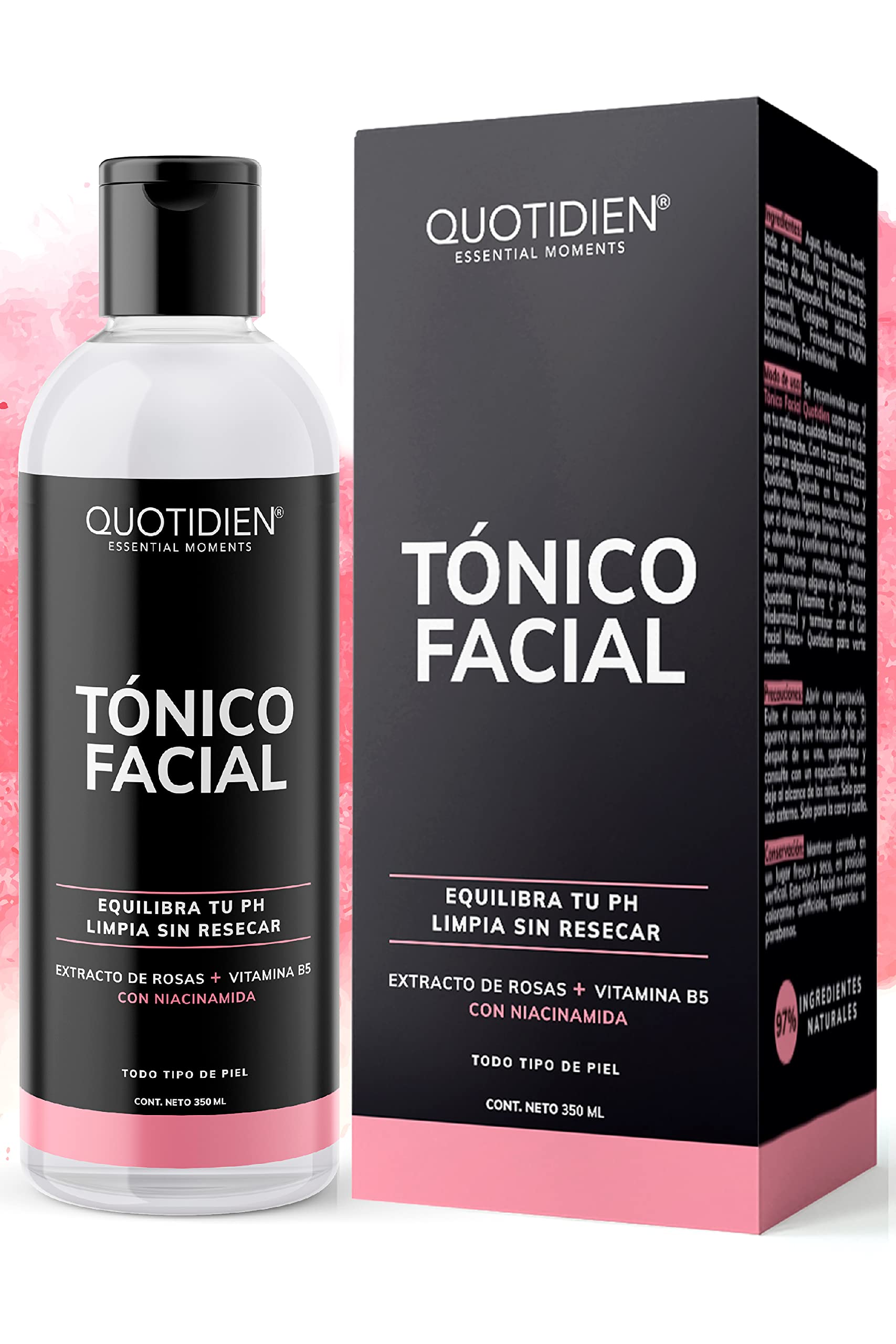 Quotidien Tónico Facial con Agua de Rosas + Vitamina B5 + Niacinamida- Sin Fragancia-Sin Alcohol Etílico-97% Ingredientes Naturales - Equilibra el PH , Limpia Sin Resecar, Suaviza e Hidrata- Mejora Tu Piel - Hidratación Facial - Ideal Para Todo Tipo de Pi