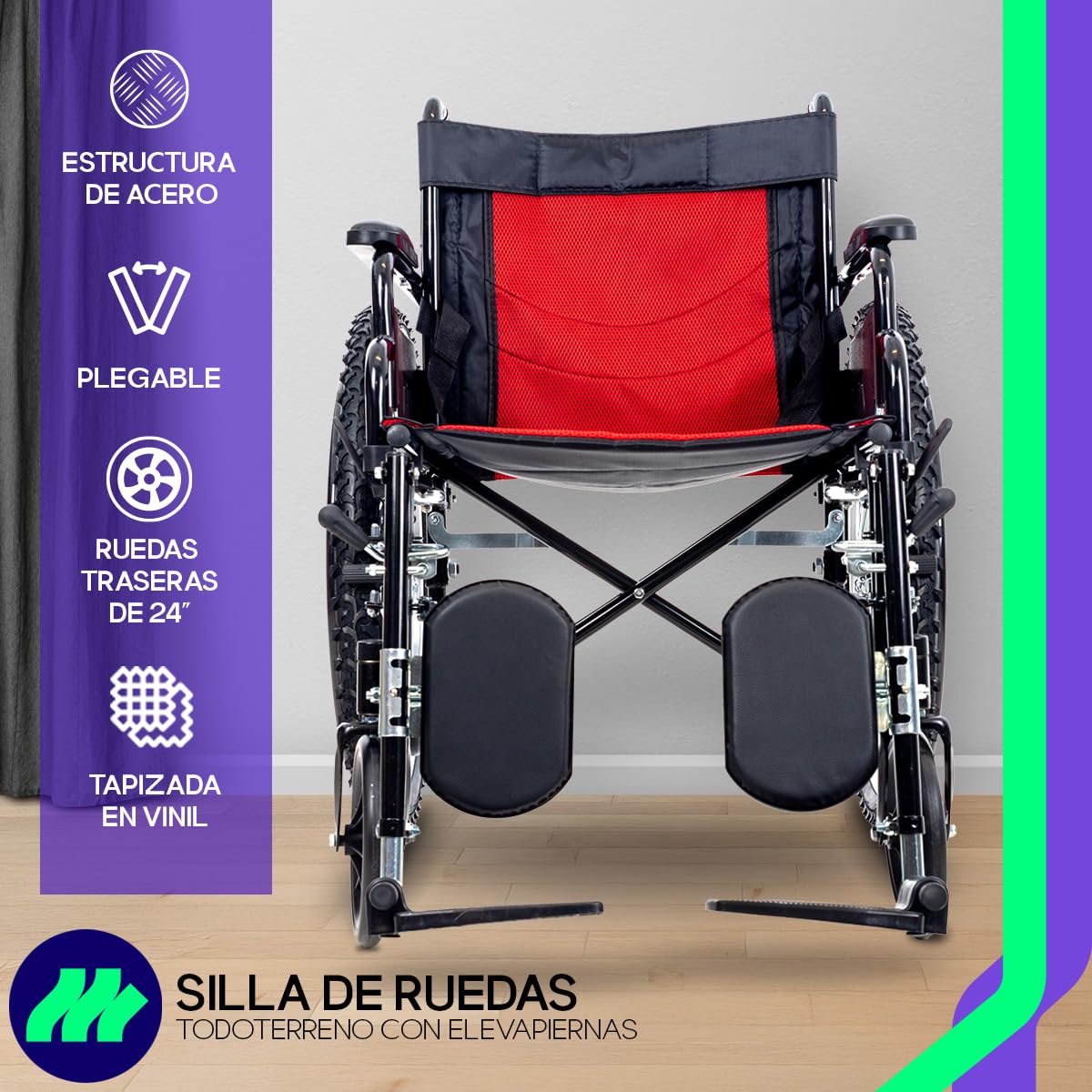 Silla de Ruedas Medical Store Roja Todo Terreno Lujo Acero Resistente Con Eleva Piernas y Descansabrazos Abatibles