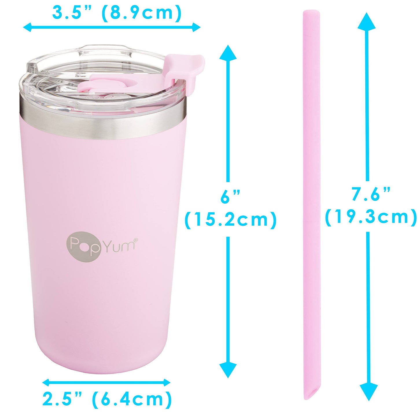 PopYum Vasos Térmicos Anti Derrame de acero inoxidable para niños de 13 onzas con tapa y popote paquete de 2 rosa y verde
