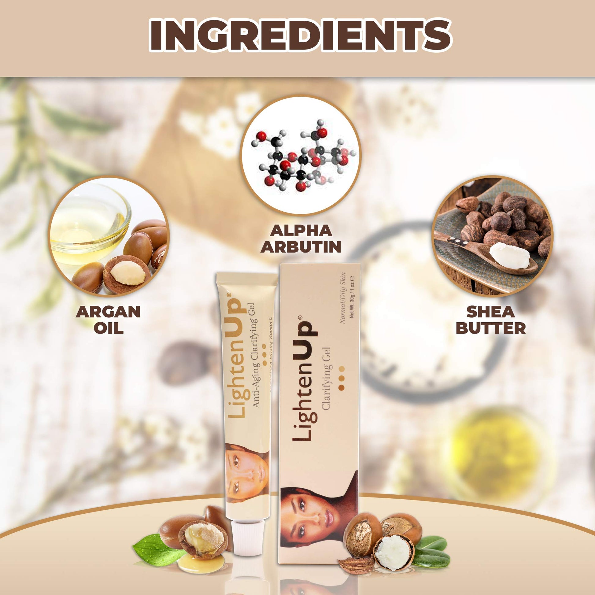 LightenUp | Gel hidratante Facial Despigmentante | Con Vitamina C, Alfa arbutina y Aceite de argan | Trata Manchas y zonas Oscuras | Textura en Gel con Ingredientes Naturales | 30Ml 1 0z