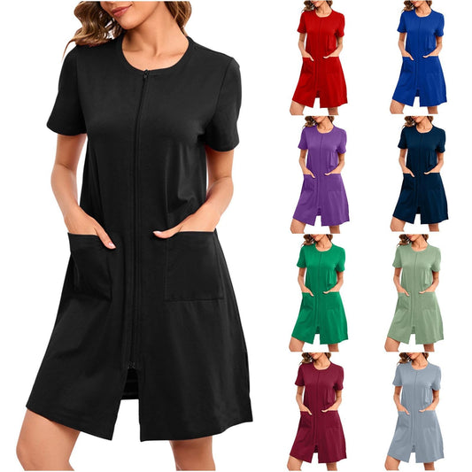 Batas ligeras para mujer, ropa de estar por casa cómoda, bata con cremallera en la parte delantera, vestidos de casa de manga corta, ropa de dormir holgada Black XX-Large