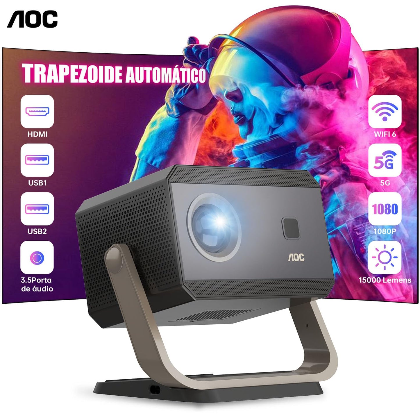 AOC Proyector 4K portátil Full HD, Enfoque automático/correção Keystone/ângulo ajustável, com WiFi6 e Bluetooth, 15000 lúmens, compatível com IOS/Android/PC/PS4/PS5 para trabalho e jogos