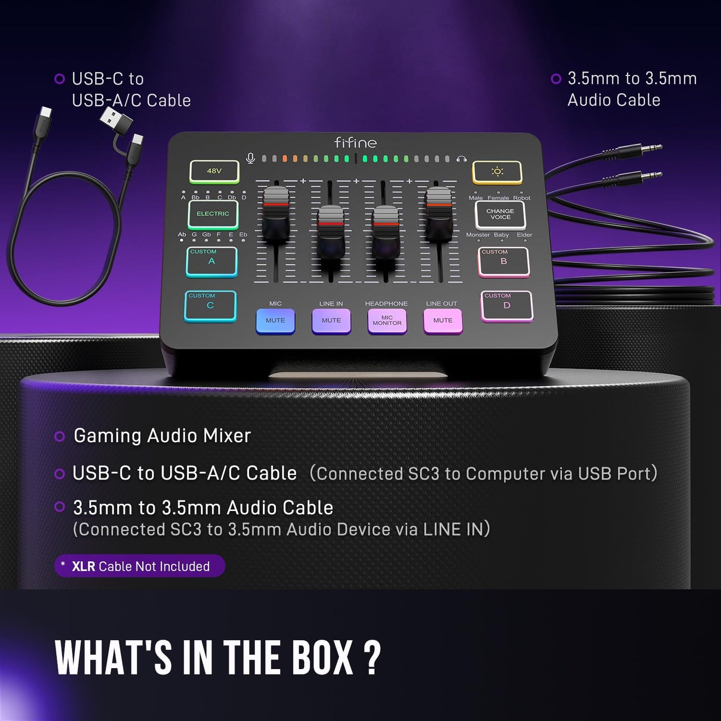 FIFINE Mezclador de Audio para Streaming, Mezclador RGB con Interfaz de Micrófono XLR, Atenuador de Volumen, Alimentación Fantasma de 48V en Mac/PC, para Voz de Gaming/Podcast/Grabación-AmpliGame SC3